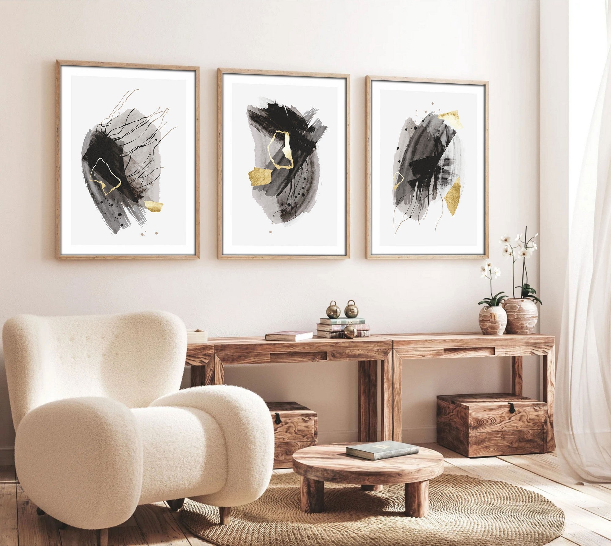 Quadro Decorativo MDF Emoldurado Multicolor 30x40cm - Conjunto 3 Peças Madeira Maciça