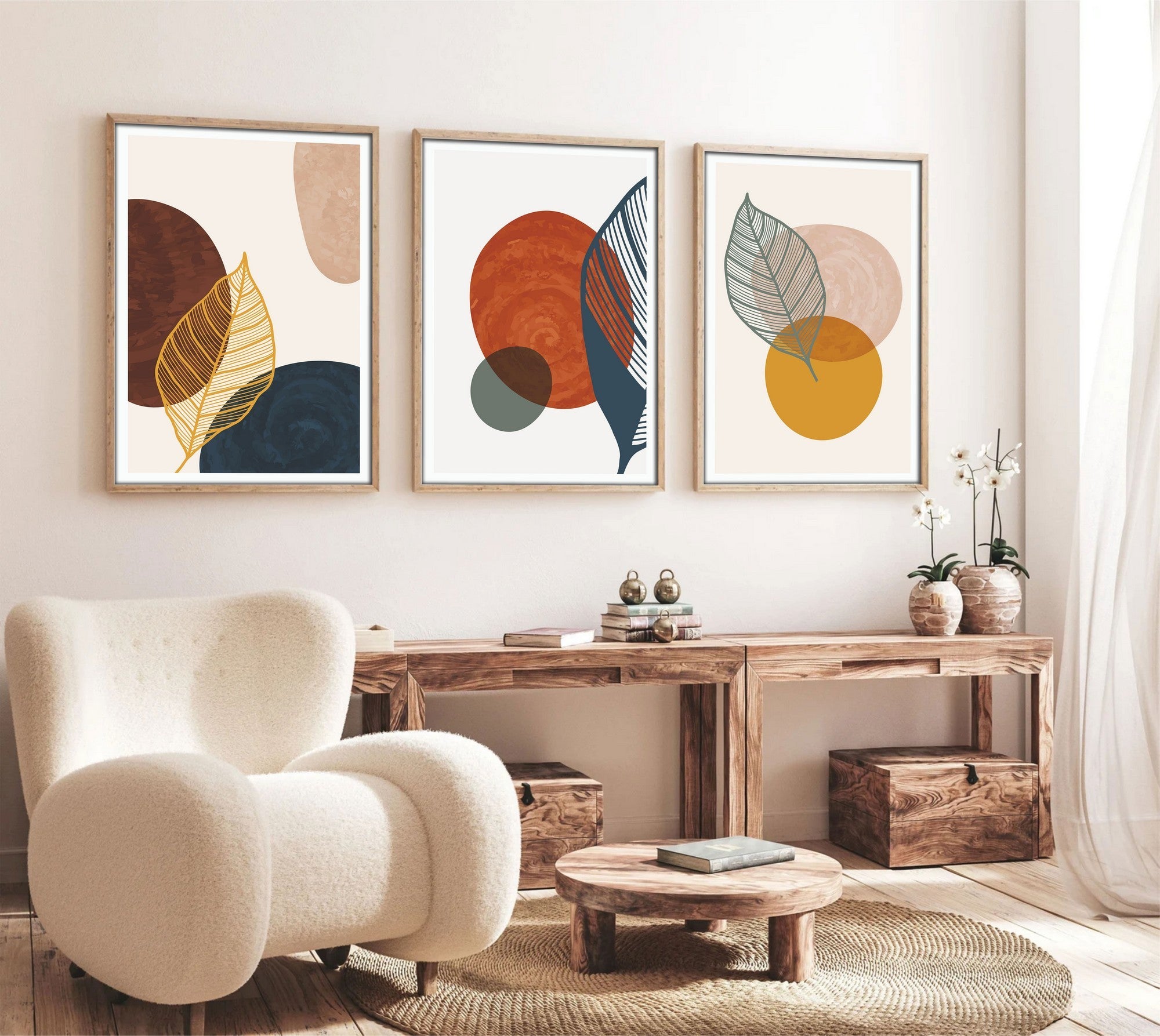 Quadro Decorativo MDF Emoldurado Multicolor 30x40cm - Conjunto 3 Peças Madeira Maciça