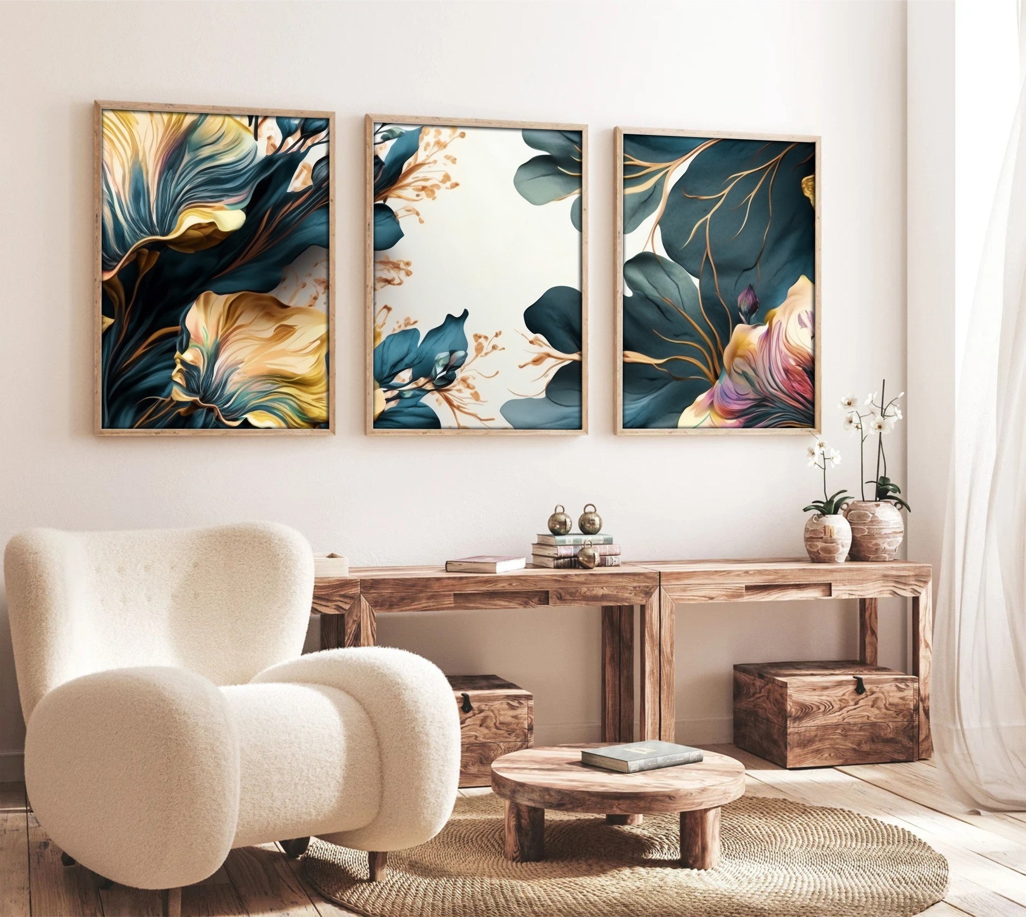 Quadro Decorativo MDF Emoldurado Multicolor 30x40cm - Conjunto 3 Peças Madeira Maciça