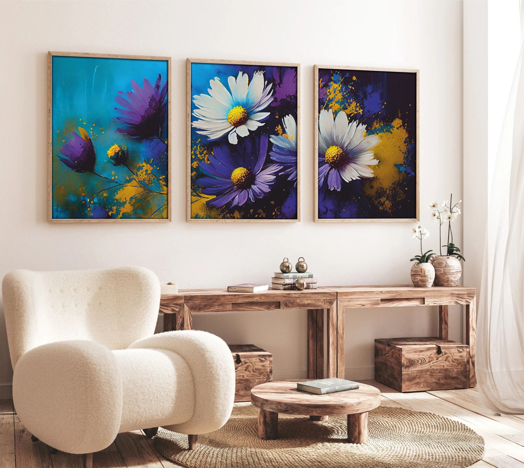 Quadro Decorativo MDF Emoldurado Multicolor 50x70cm - Conjunto 3 Peças Madeira Maciça