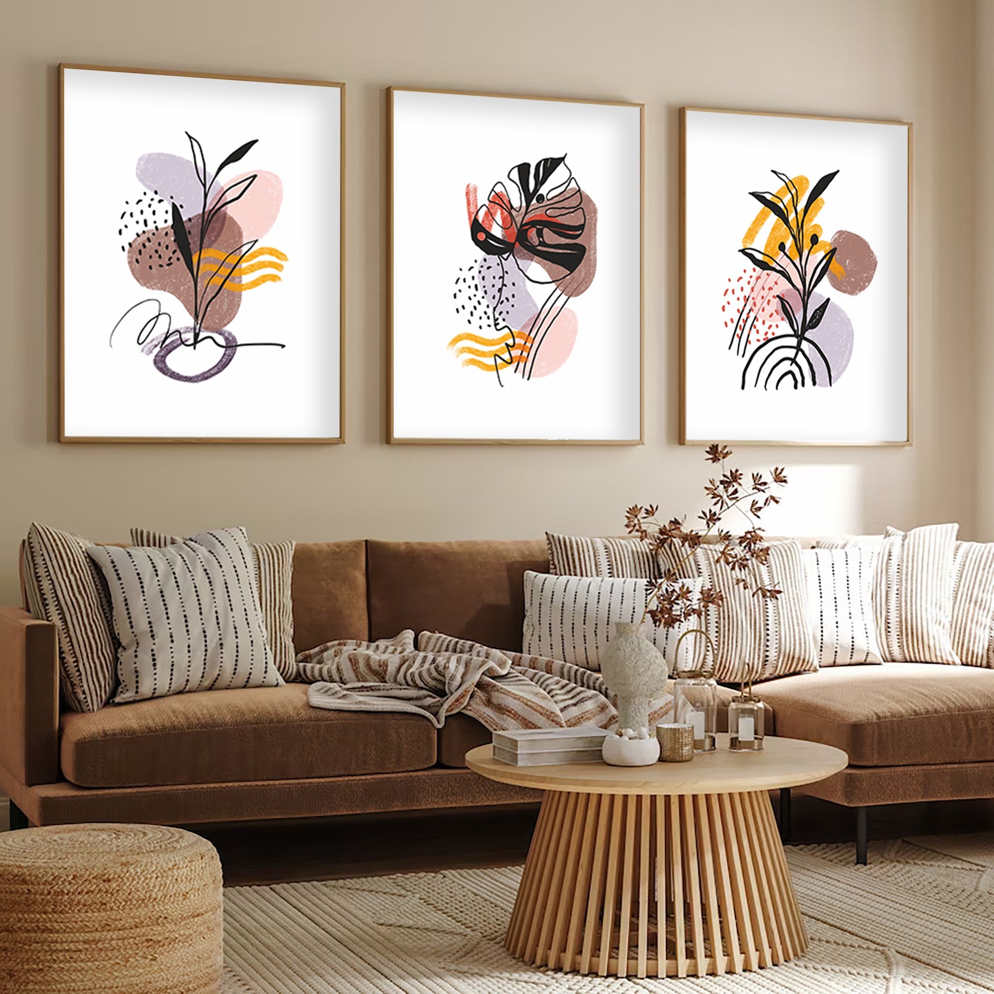 Quadro Decorativo MDF Emoldurado Multicolor 30x40cm - Conjunto 3 Peças Madeira Maciça