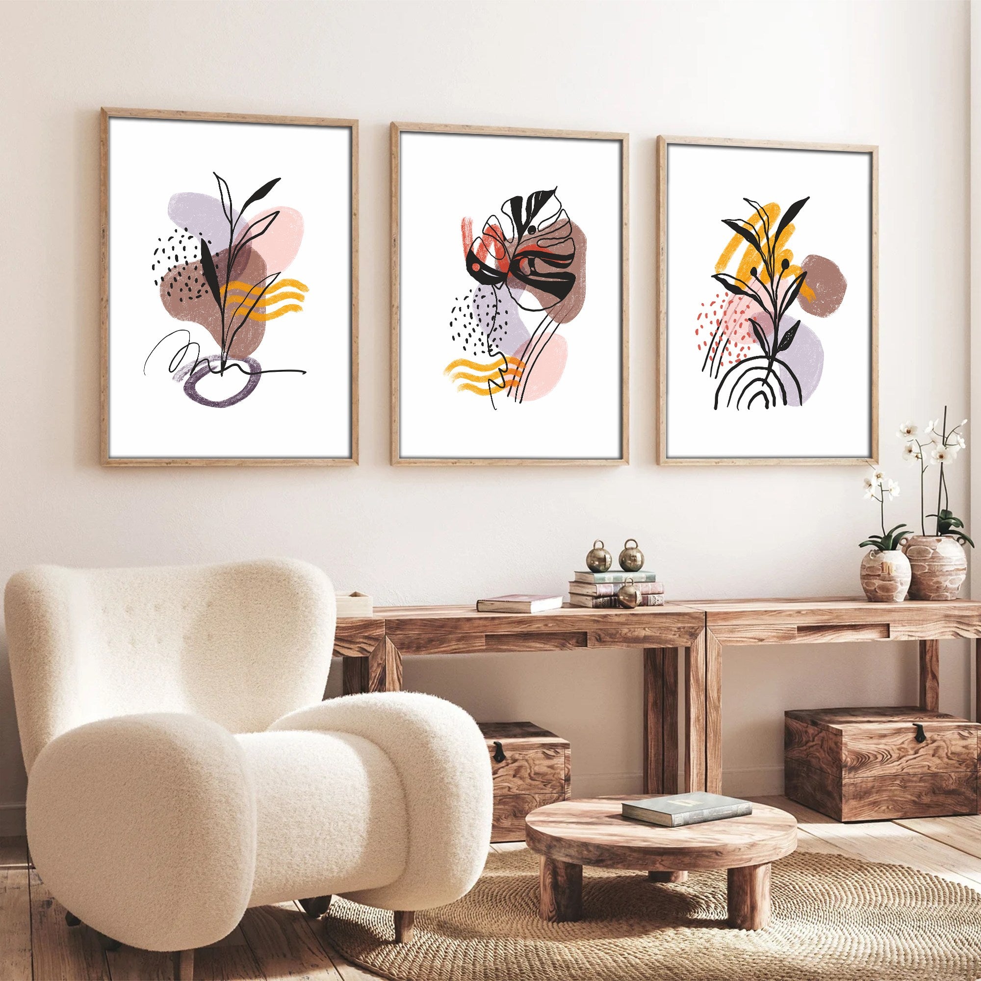 Quadro Decorativo MDF Emoldurado Multicolor 30x40cm - Conjunto 3 Peças Madeira Maciça