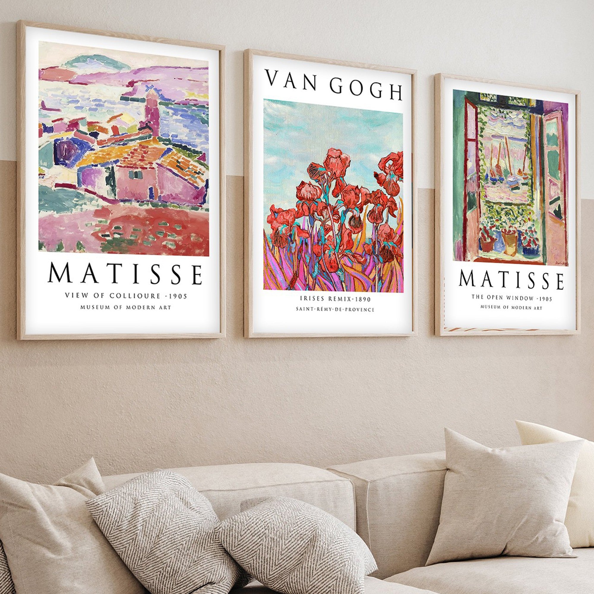 Pinturas emolduradas em MDF (3 peças) – 50 x 70 cm – madeira maciça – MDF