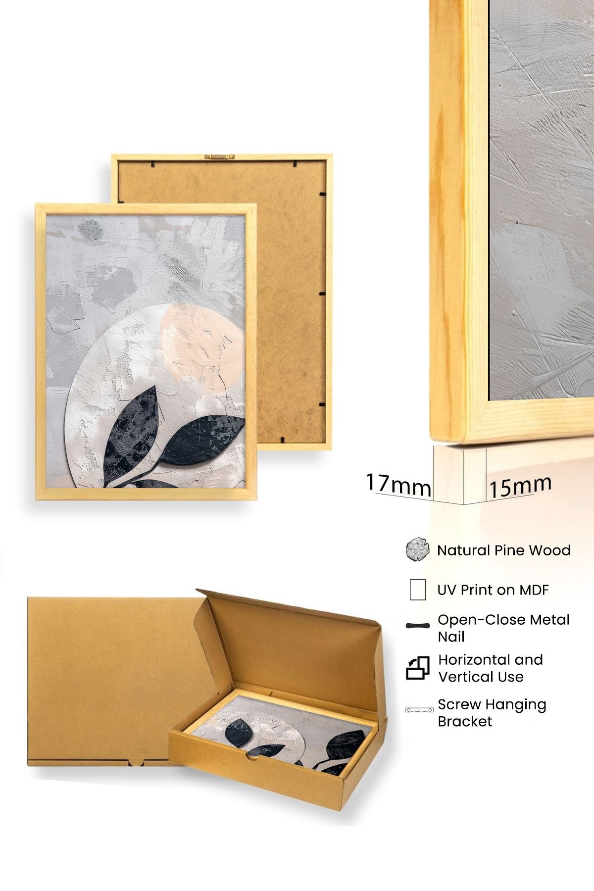 Quadros Decorativos Huhu466 em MDF com Moldura de Madeira Maciça – Conjunto de 3 Peças, Multicolor, 35 x 50 cm