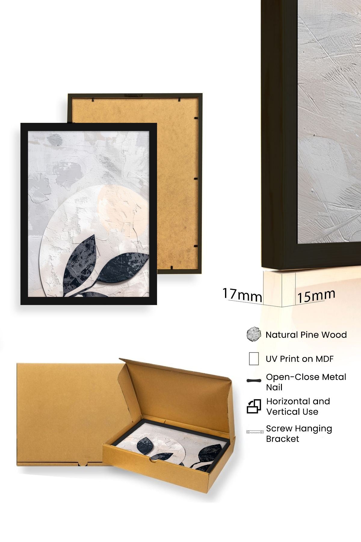 Quadro Decorativo MDF Emoldurado Multicolor 30x40cm - Conjunto 3 Peças Madeira Maciça