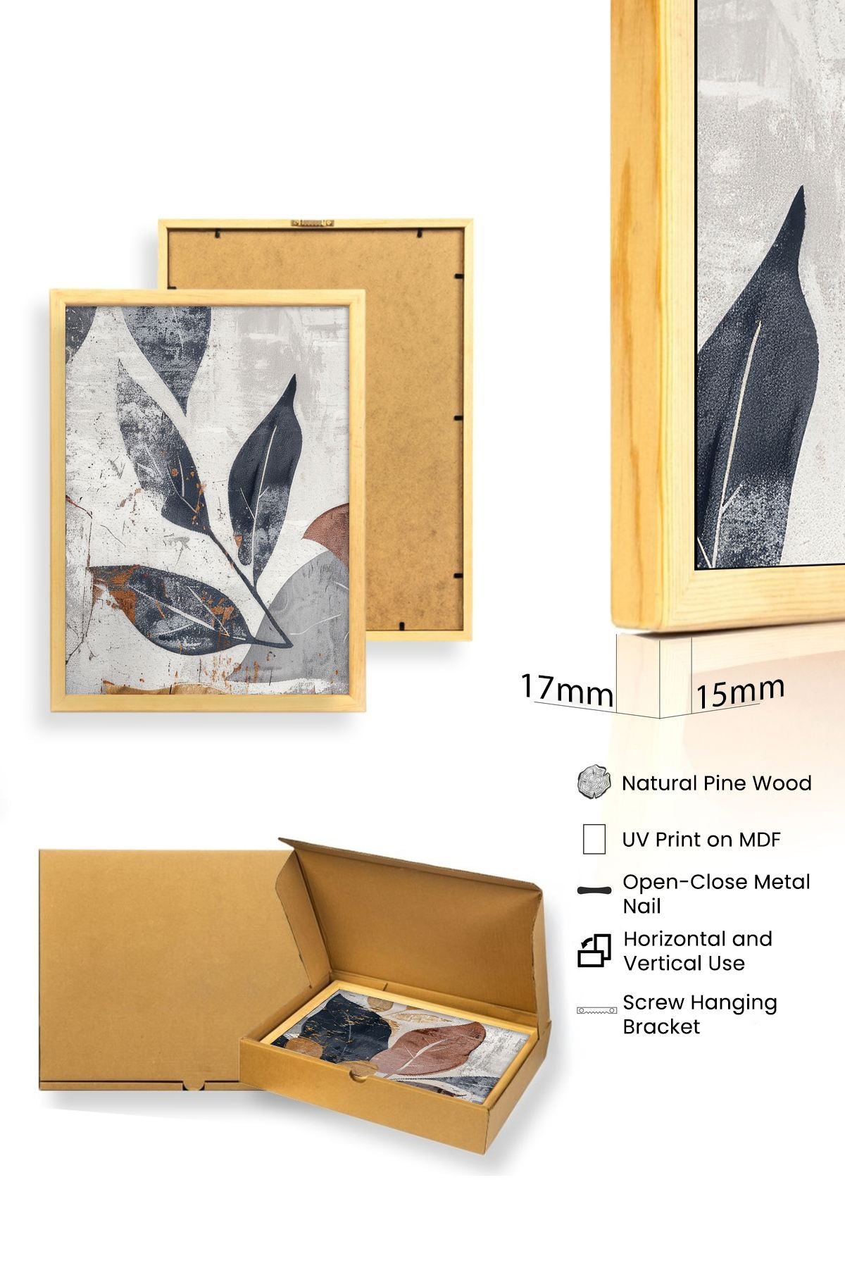 Quadro Decorativo MDF Emoldurado Multicolor 50x35cm - Conjunto 3 Peças Madeira Maciça