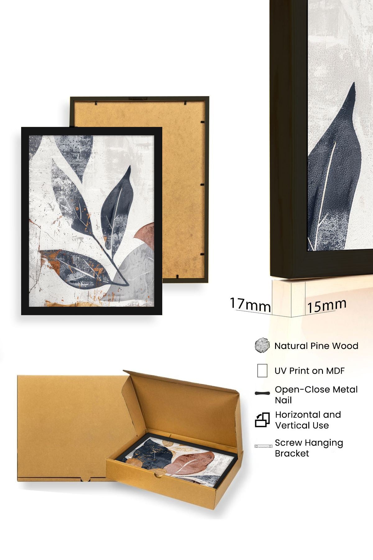 Quadro Decorativo MDF Emoldurado Multicolor 20x30cm - Conjunto 3 Peças Madeira Maciça