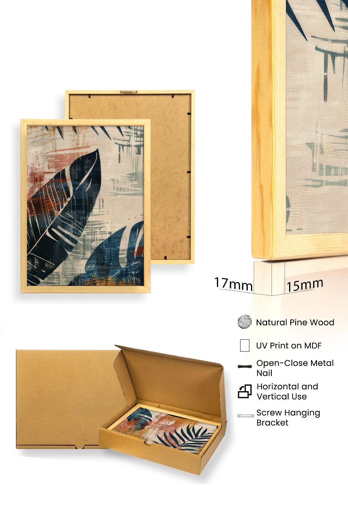 Quadro Decorativo MDF Emoldurado Multicolor 35x50cm - Conjunto 3 Peças Madeira Maciça