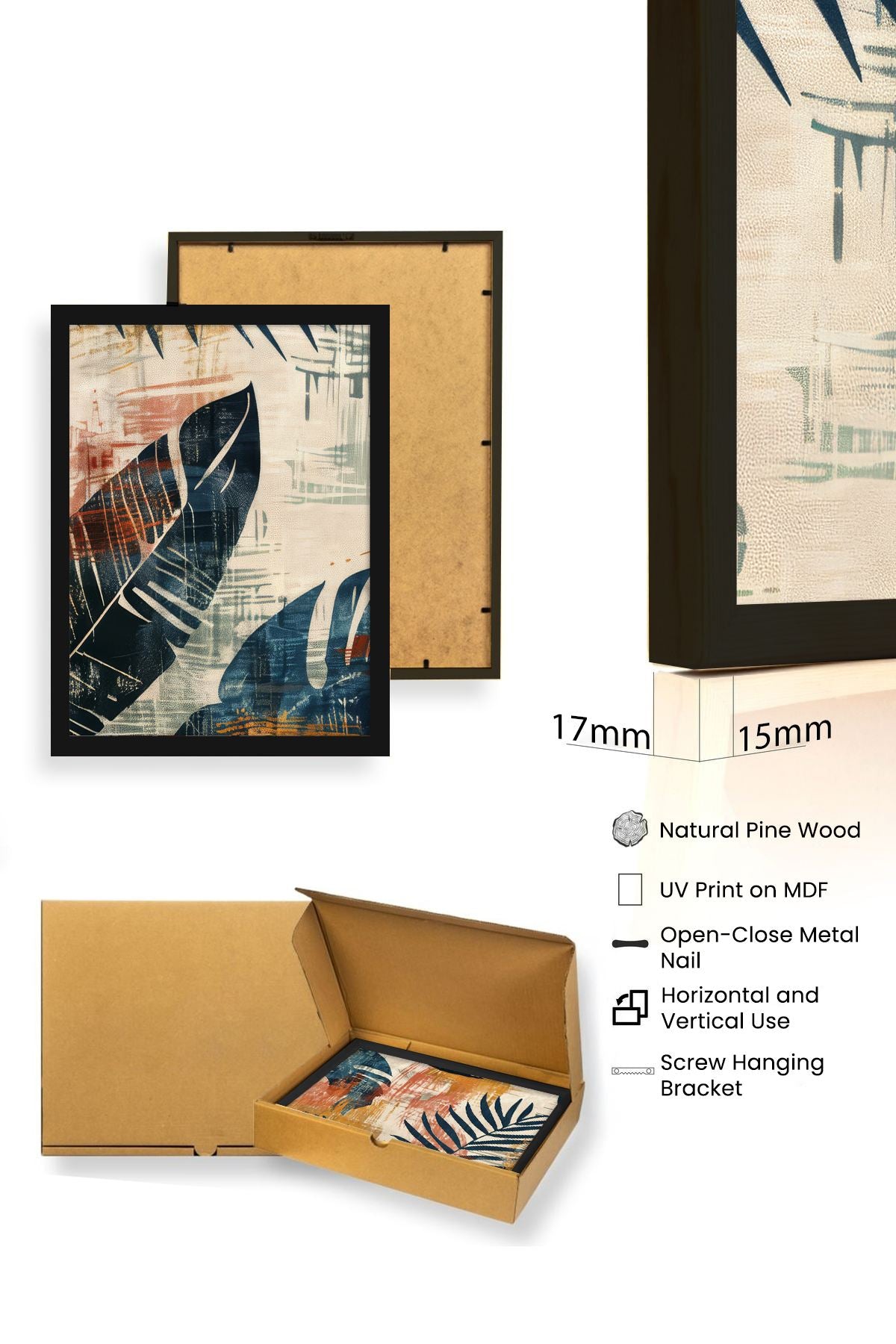 Quadro Decorativo MDF Emoldurado Multicolor 50x70cm - Conjunto 3 Peças Madeira Maciça