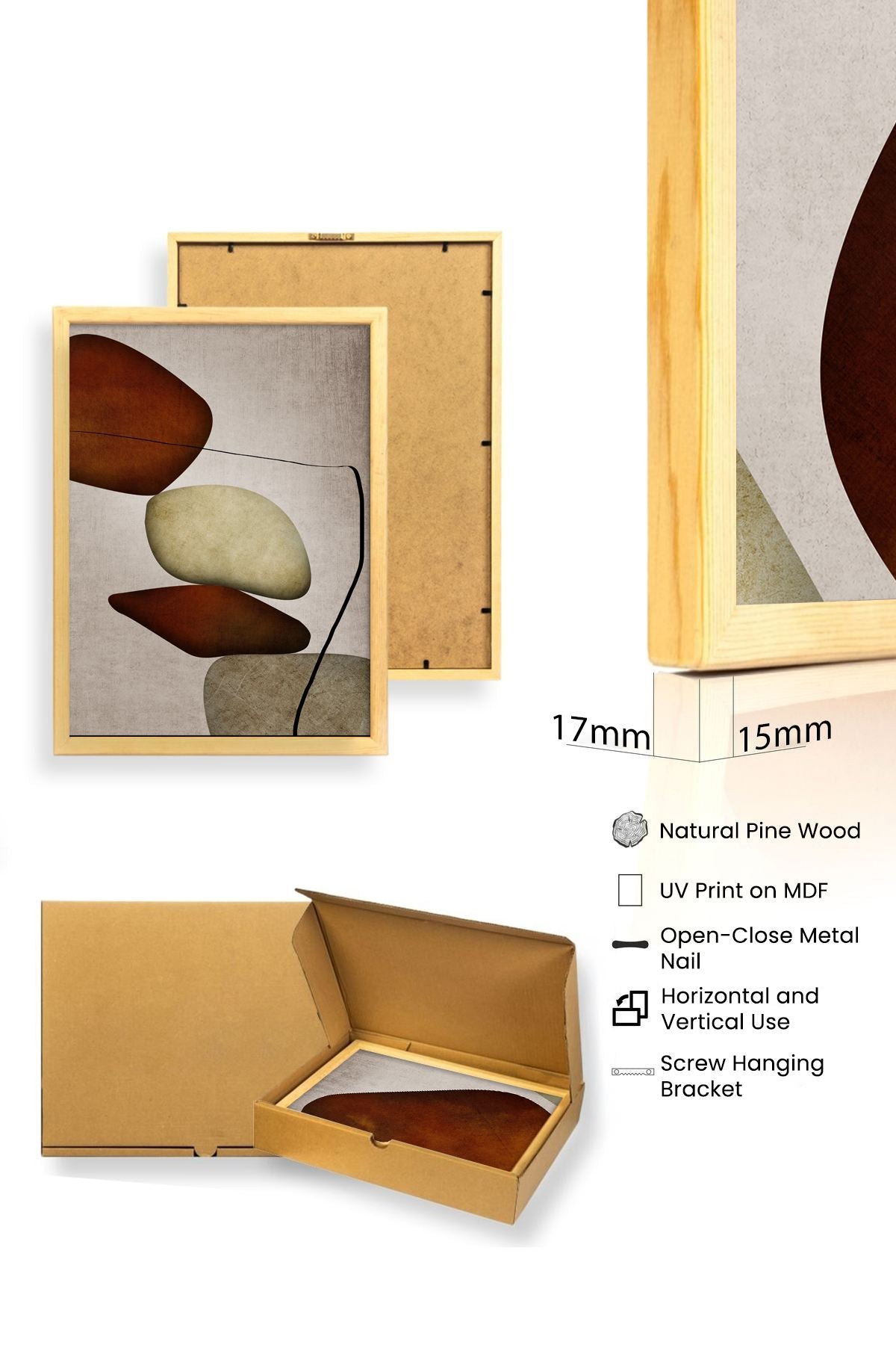 Conjunto de Quadros Decorativos Huhu469 50x70 (3 Peças) – MDF com Moldura em Madeira Maciça – Multicolorido