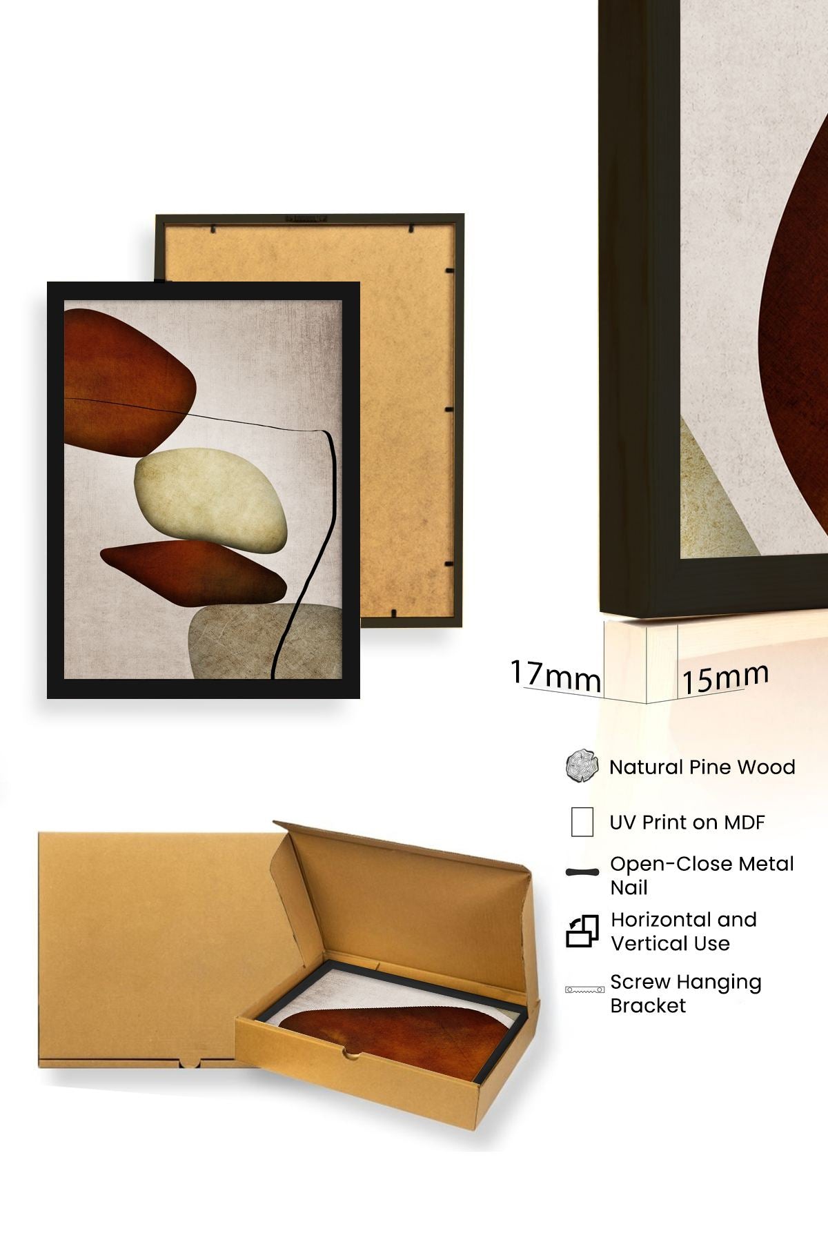 Quadro Decorativo MDF Emoldurado Multicolor 30x40cm - Conjunto 3 Peças Madeira Maciça