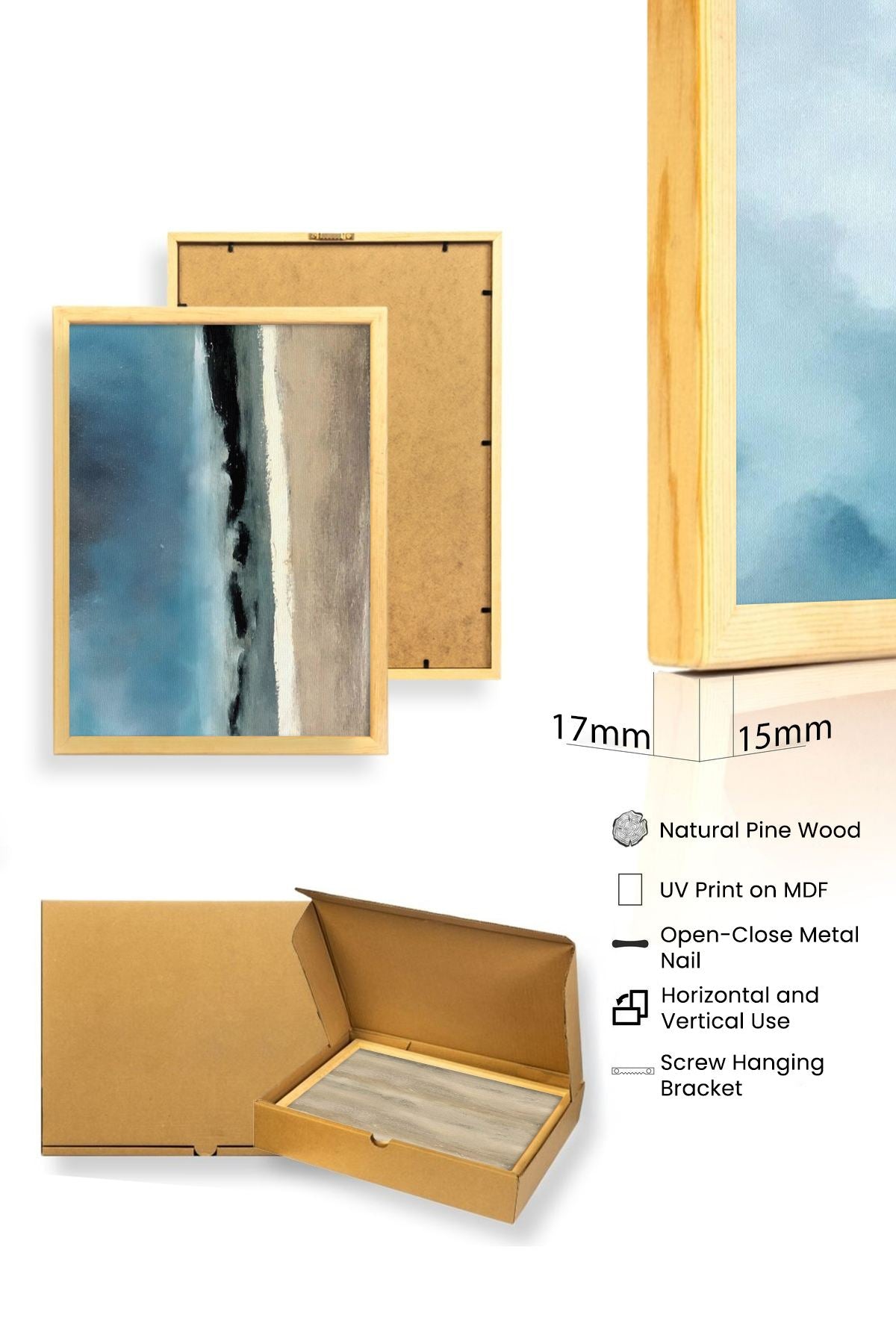 Quadro Decorativo Huhu470 30 x 40 cm (3 Peças) – MDF com Moldura de Madeira Maciça – Multicolor