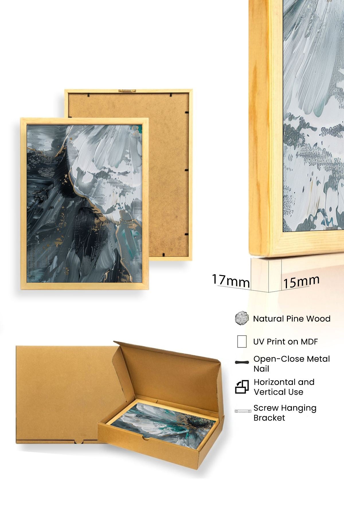 Quadro Decorativo MDF Emoldurado Multicolor 50x70cm - Conjunto 3 Peças Madeira Maciça