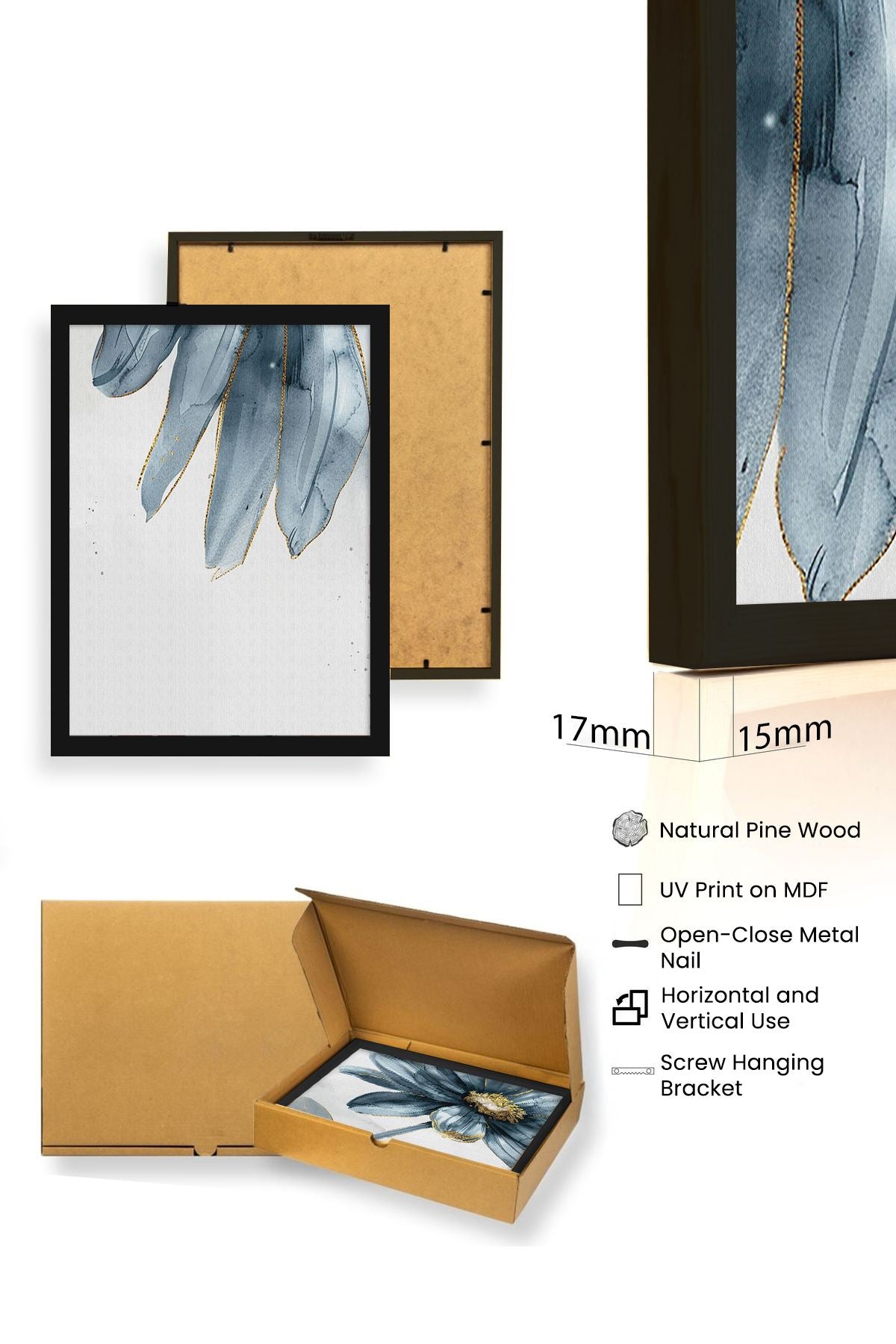 Quadro Decorativo MDF Emoldurado Multicolor 20x30cm - Conjunto 3 Peças Madeira Maciça