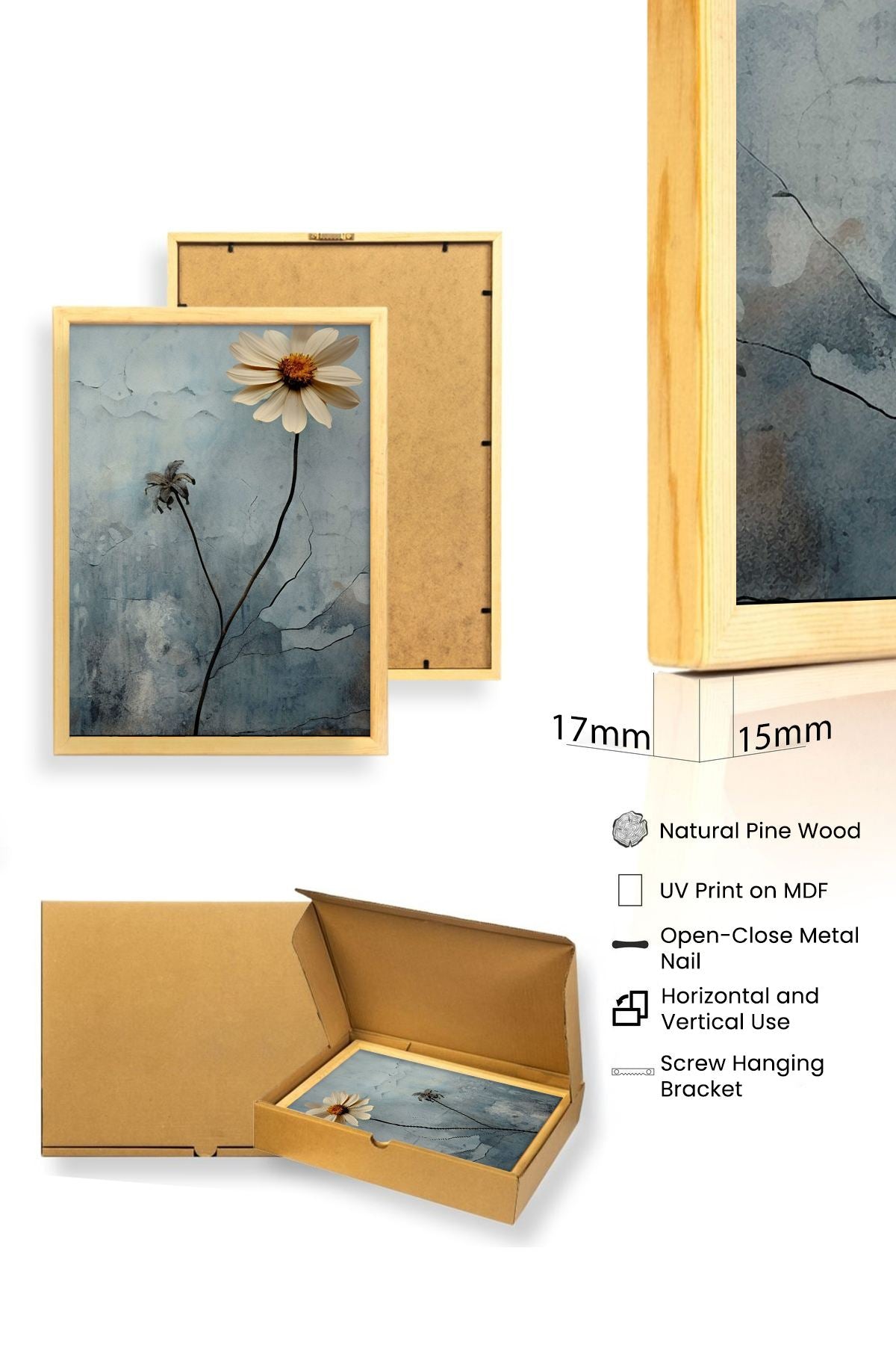 Quadro Decorativo MDF Emoldurado Multicolor 30x40cm - Conjunto 3 Peças Madeira Maciça