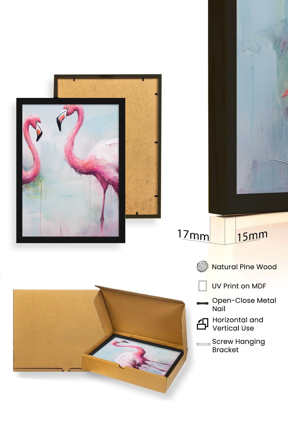 Quadro Decorativo MDF Emoldurado Multicolor 3 Peças 35x50cm - Moldura Madeira Maciça