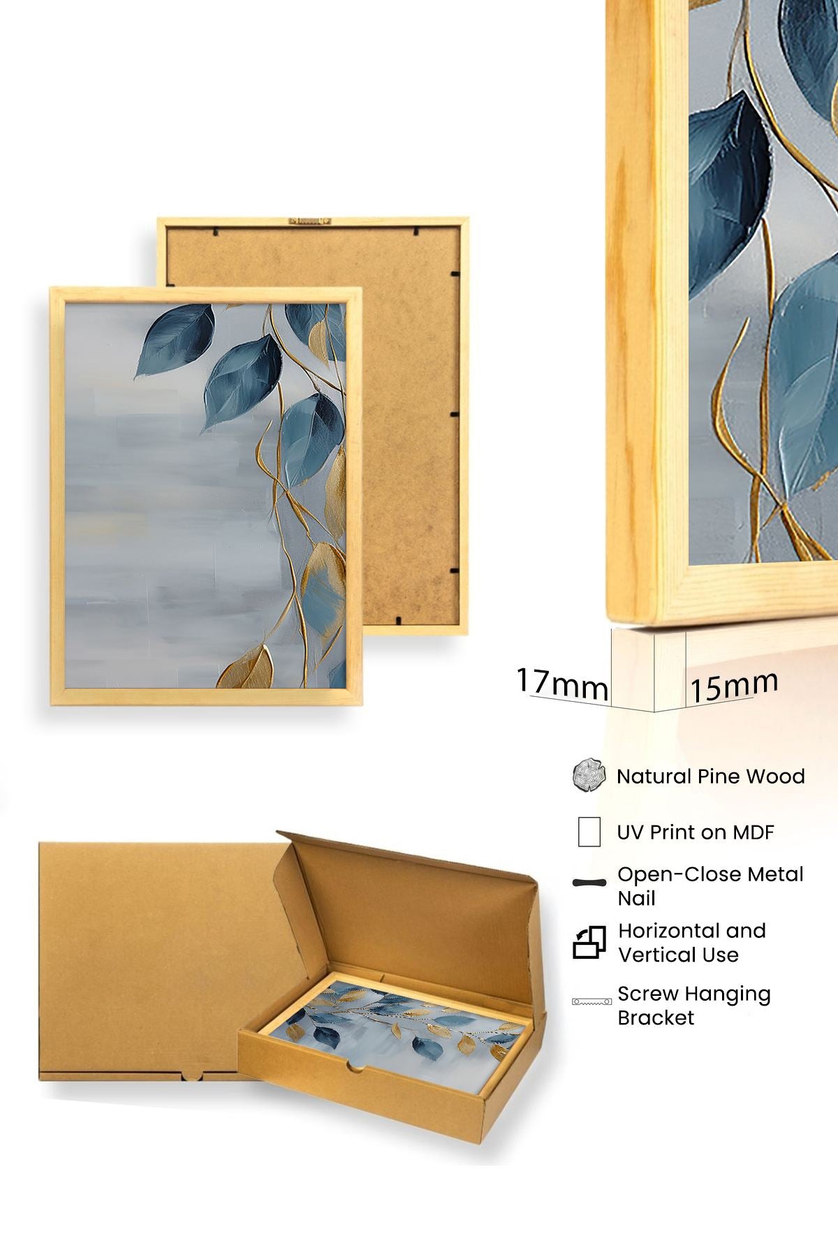 Quadro Decorativo Tríptico Huhu476 50x70 cm (3 Peças), Multicolor, MDF com Moldura em Madeira Maciça