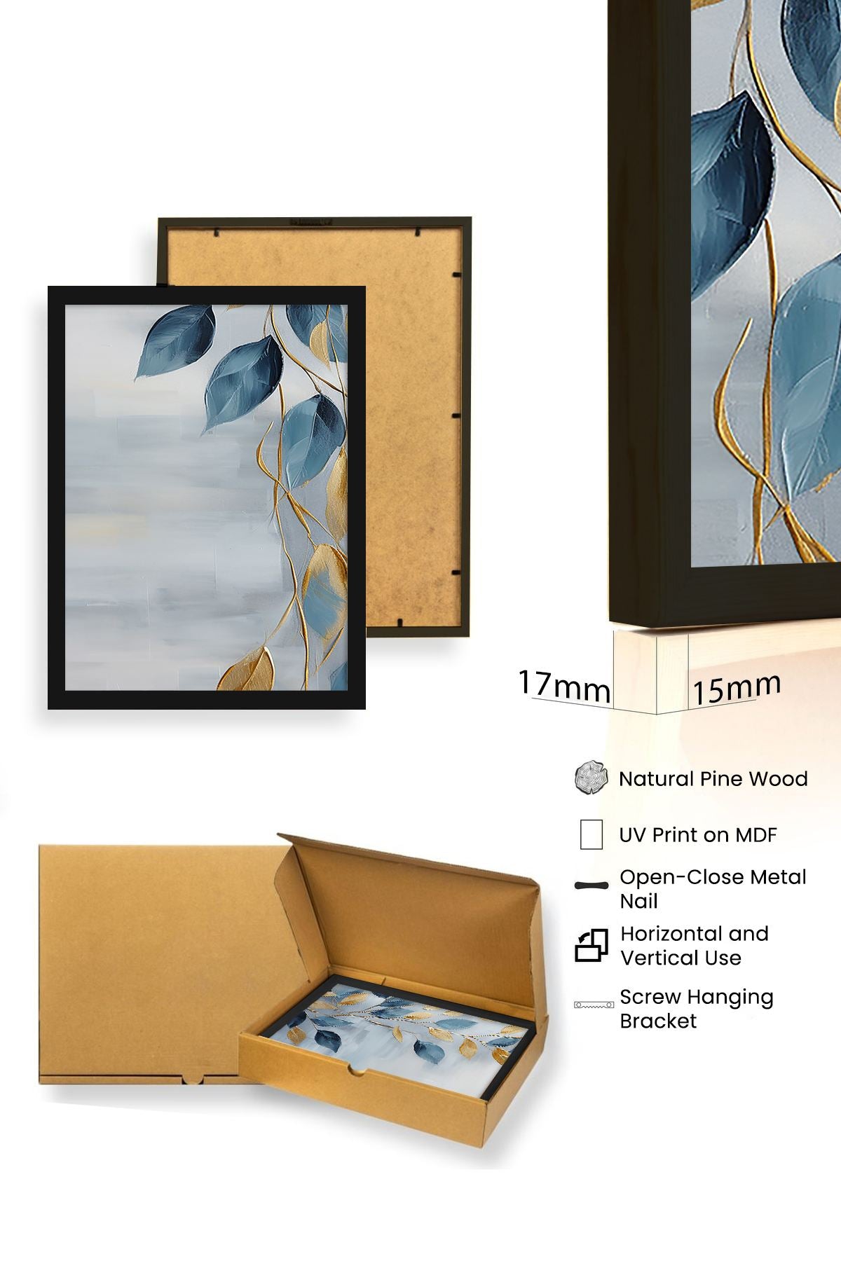 Tríptico em MDF com Moldura de Madeira Maciça 35 x 50 cm (3 Peças) – Multicolor – Huhu476S