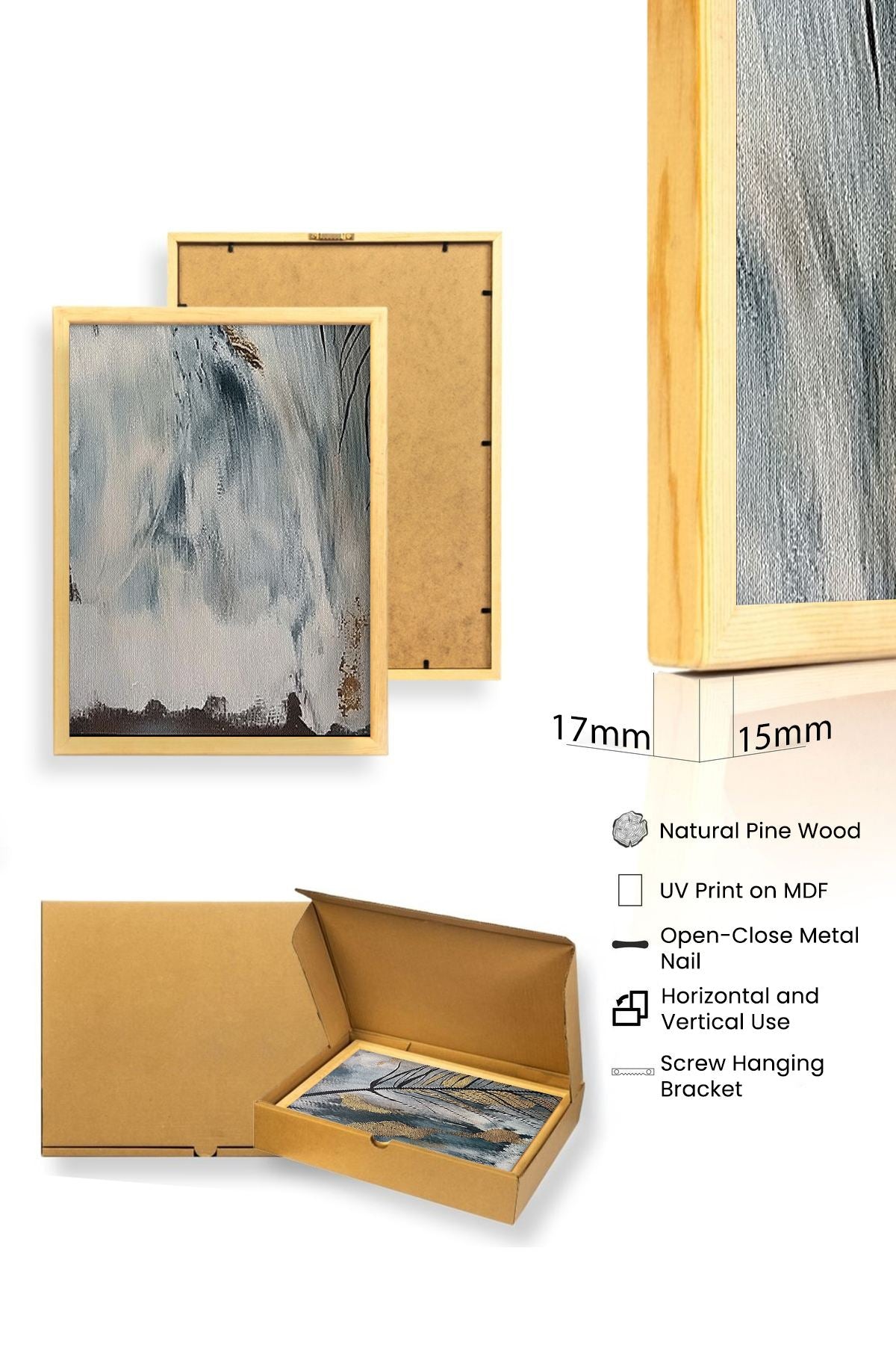 Huhu477 Pintura Decorativa em MDF com Moldura de Madeira Maciça, Multicolor, 35 x 50 cm (3 Peças)