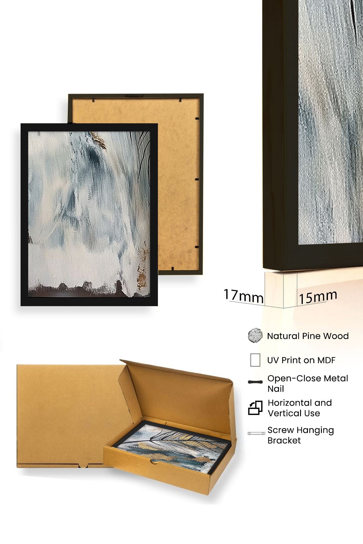 Quadro Decorativo MDF Emoldurado Multicolor 50x70cm - Conjunto 3 Peças Madeira Maciça