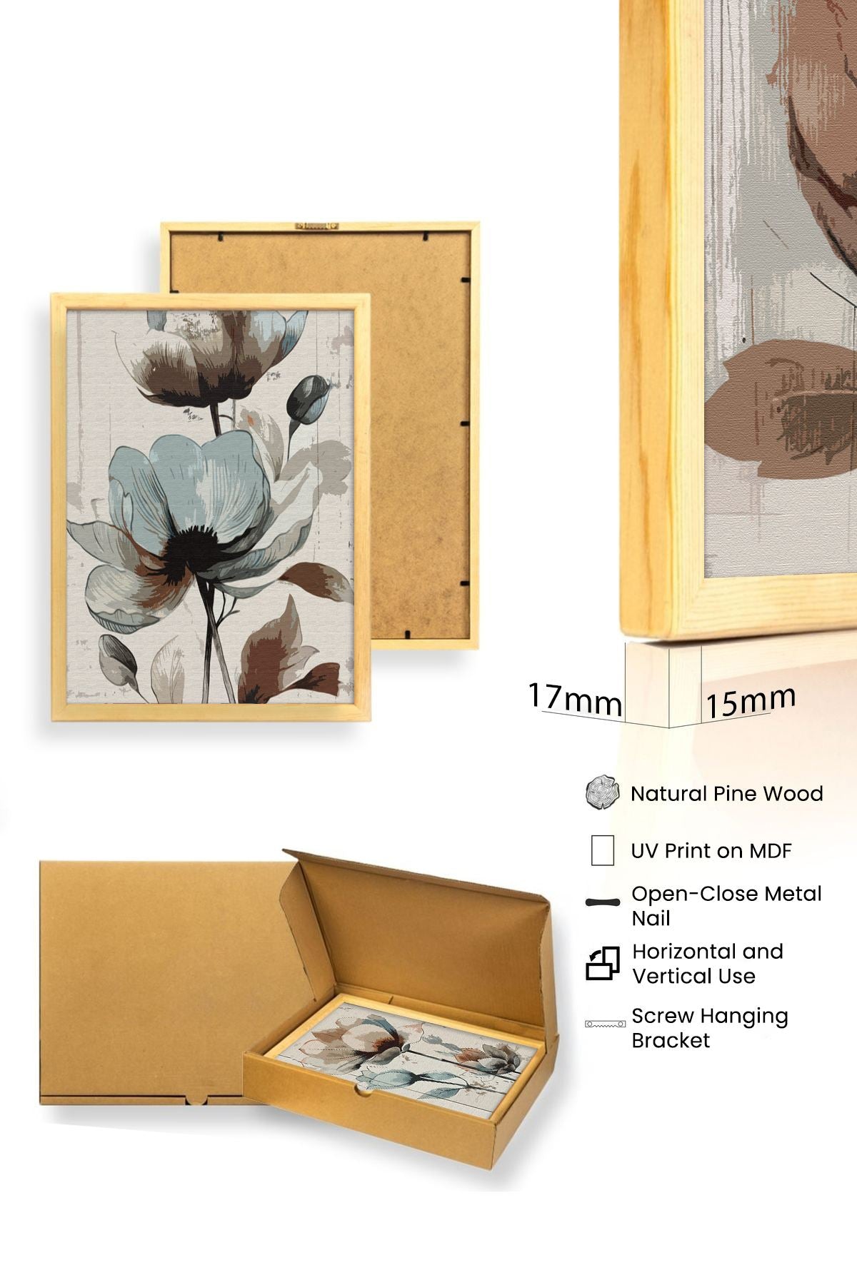 Tríptico Huhu478 - Quadros Decorativos em MDF com Moldura de Madeira Maciça, 35 x 50 cm (3 Peças) - Multicolor