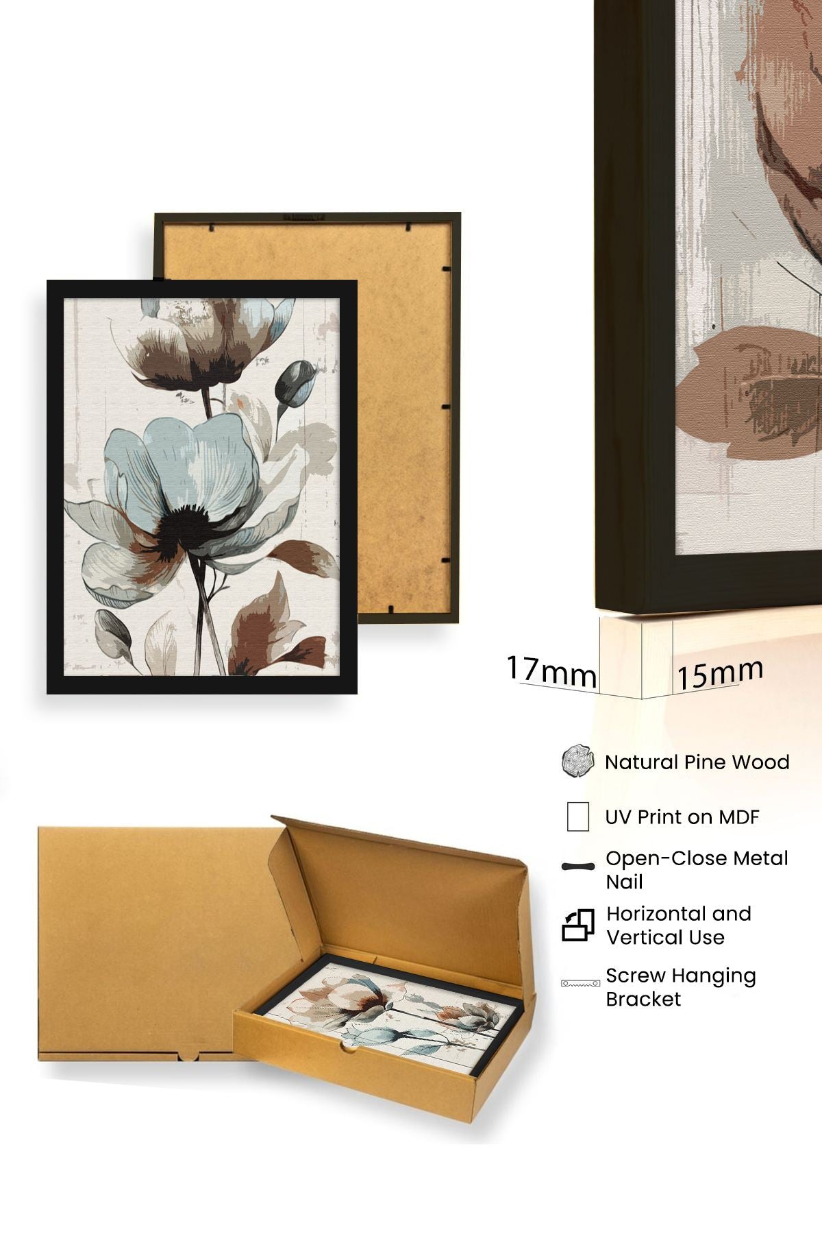 Quadro Decorativo MDF Emoldurado Multicolor 30x40cm - Conjunto 3 Peças Madeira Maciça