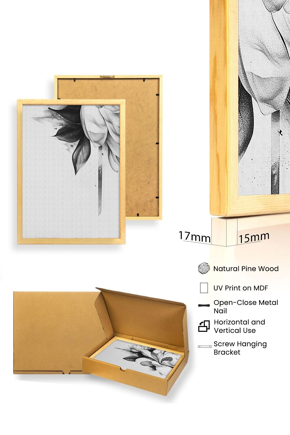 Quadro Decorativo MDF Emoldurado Multicolor 30x40cm - Conjunto 3 Peças Madeira Maciça