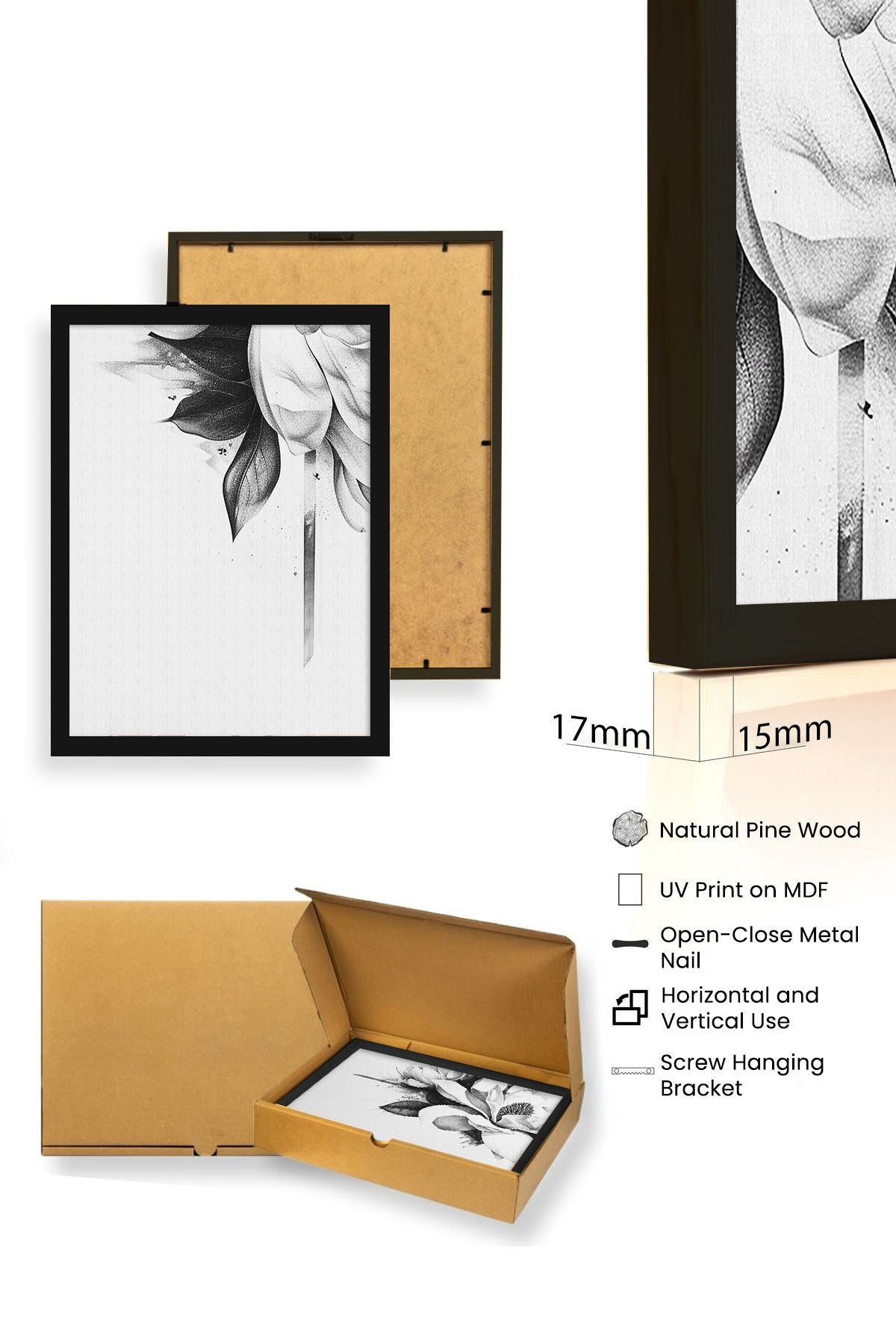 Quadro Decorativo MDF Emoldurado Multicolor 20x30cm - Conjunto 3 Peças Madeira Maciça