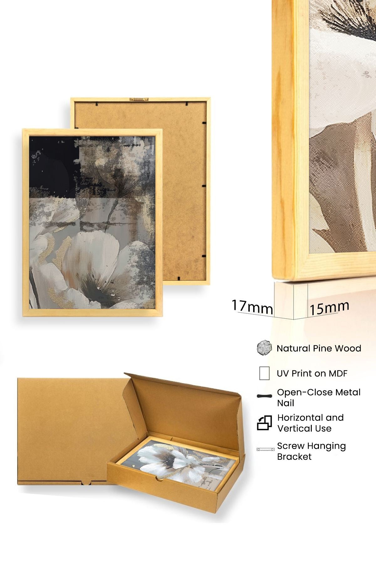 Quadro Decorativo MDF Emoldurado Multicolor 30x40cm - Conjunto 3 Peças Madeira Maciça