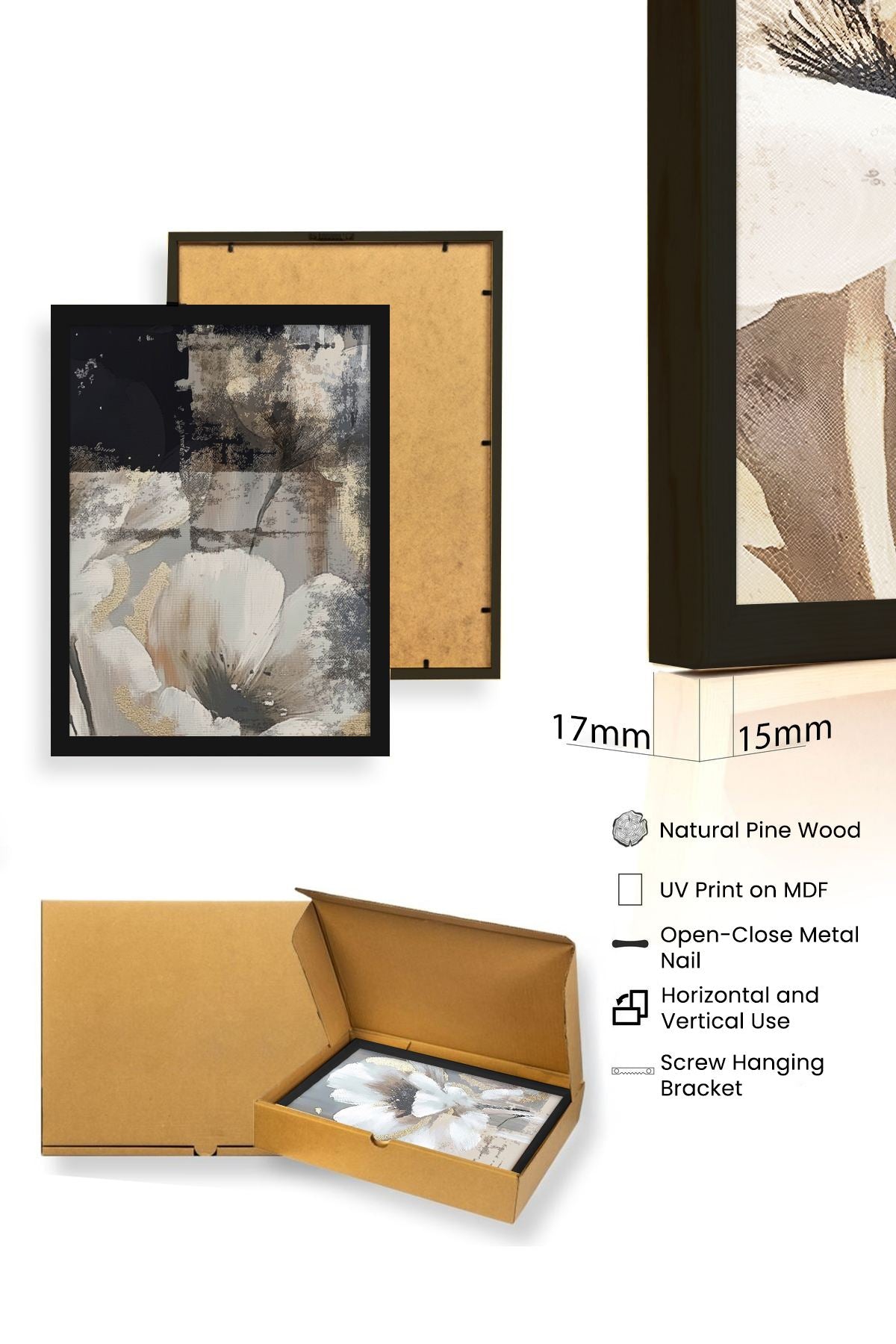 Quadro Decorativo MDF Emoldurado Multicolor 30x40cm - Conjunto 3 Peças Madeira Maciça