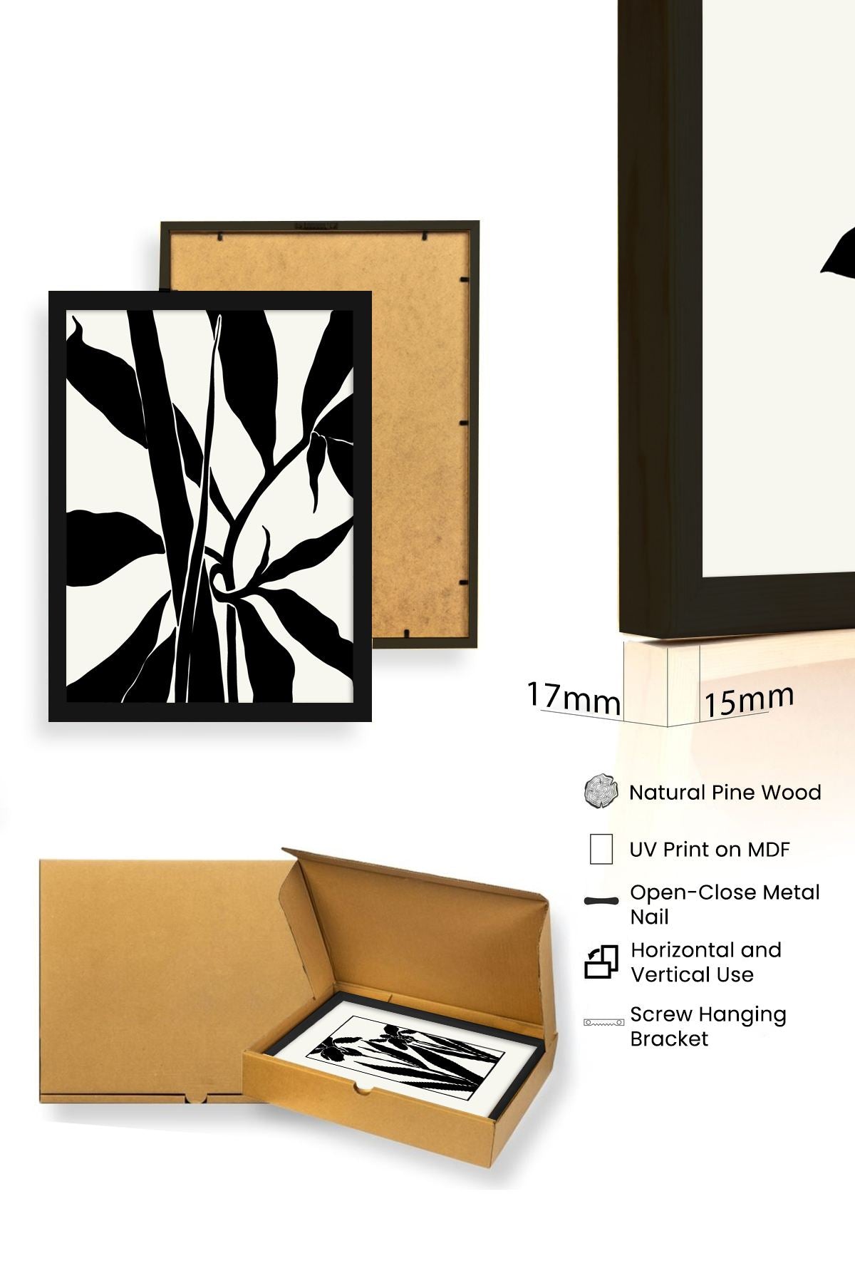 Quadro Decorativo MDF Emoldurado Multicolor 50x70cm - Conjunto 3 Peças Madeira Maciça