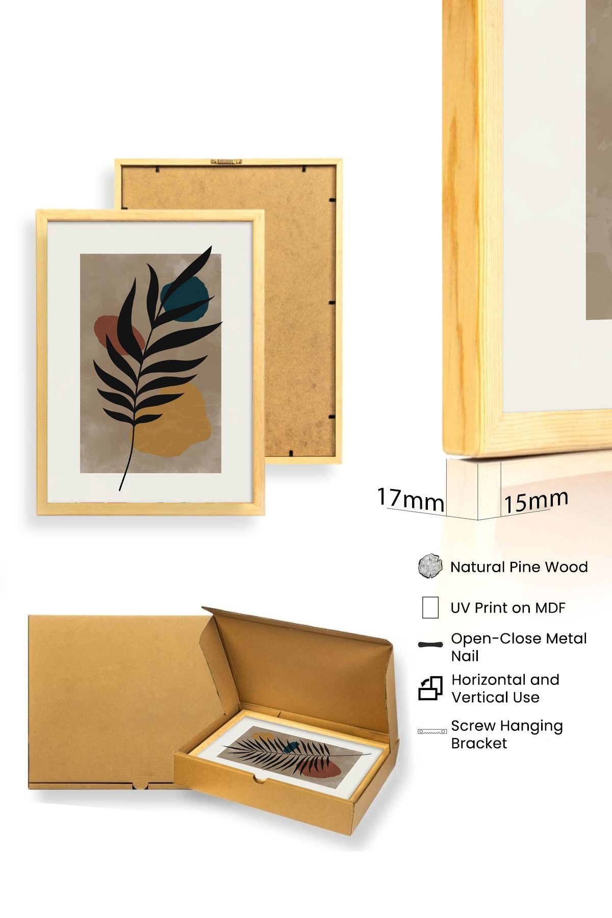 Quadro Decorativo MDF Emoldurado Multicolor 50x70cm - Conjunto 3 Peças Madeira Maciça