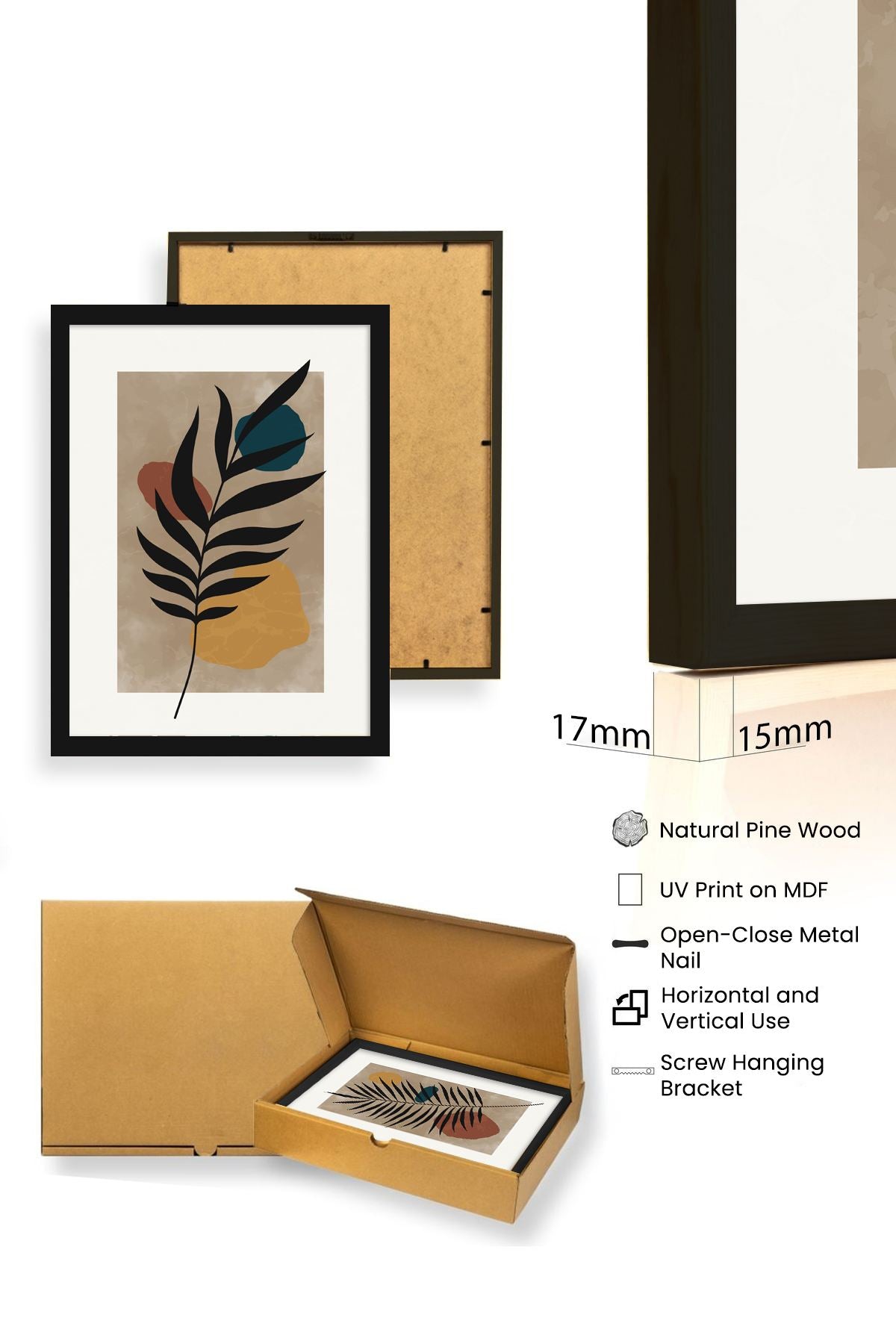 Quadro Decorativo MDF Emoldurado Multicolor 3 Peças 35x50cm - Moldura Madeira Maciça