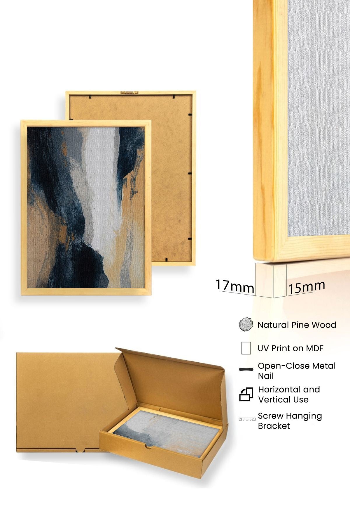 Quadro Decorativo MDF Emoldurado Multicolor 3 Peças 35x50cm - Moldura Madeira Maciça