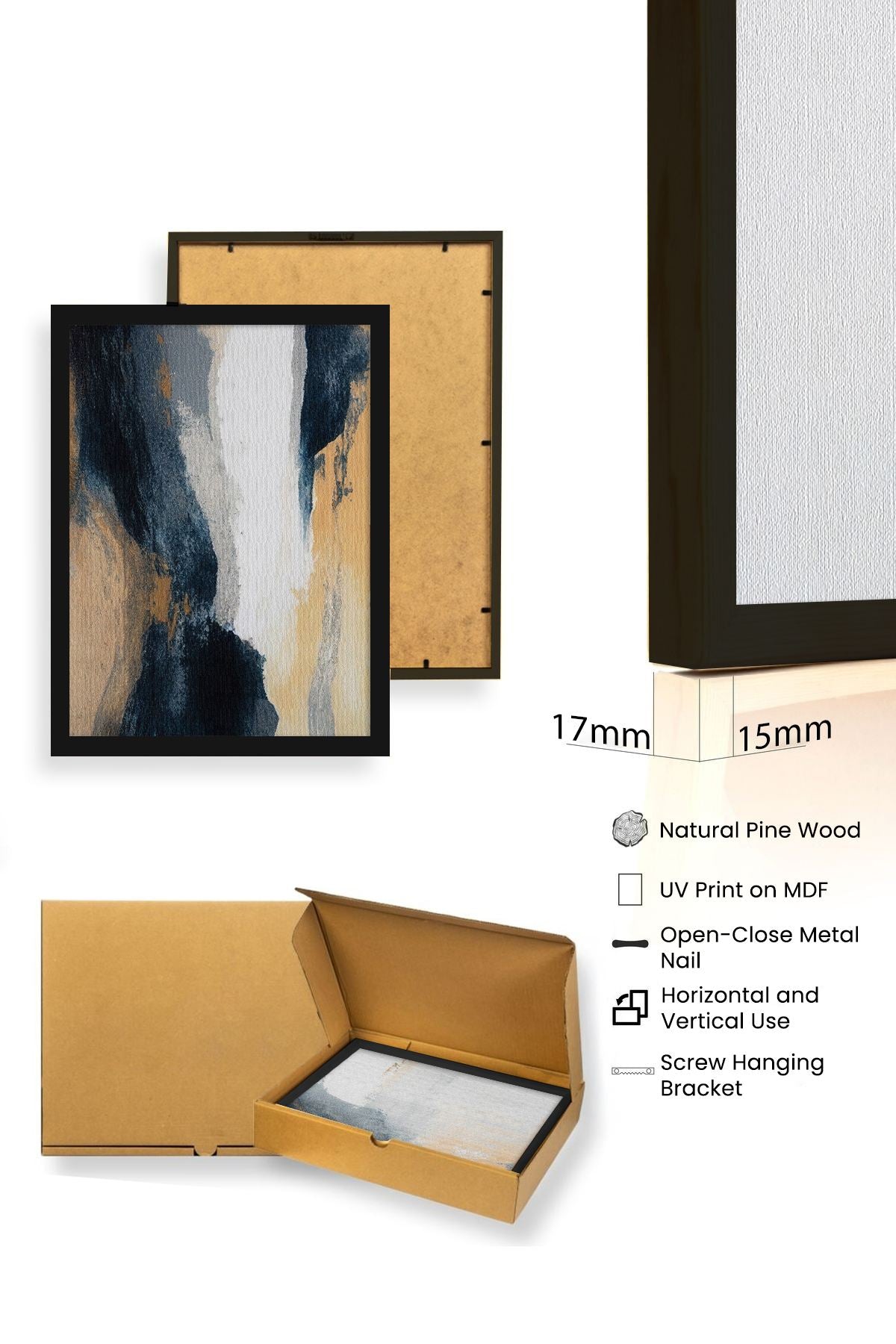 Quadro Decorativo MDF Emoldurado Multicolor 3 Peças 35x50cm - Moldura Madeira Maciça