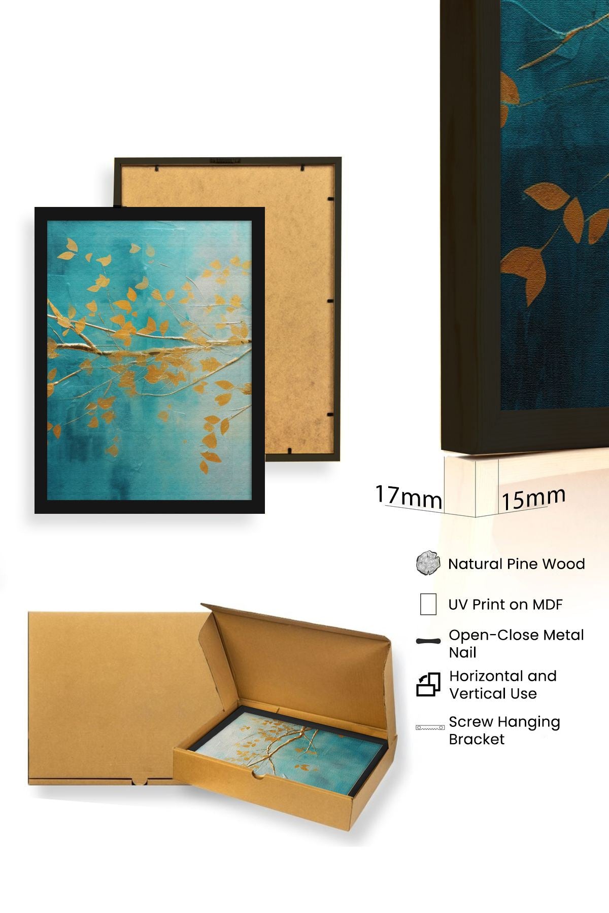 Quadro Decorativo MDF Emoldurado Multicolor 30x40cm - Conjunto 3 Peças Madeira Maciça