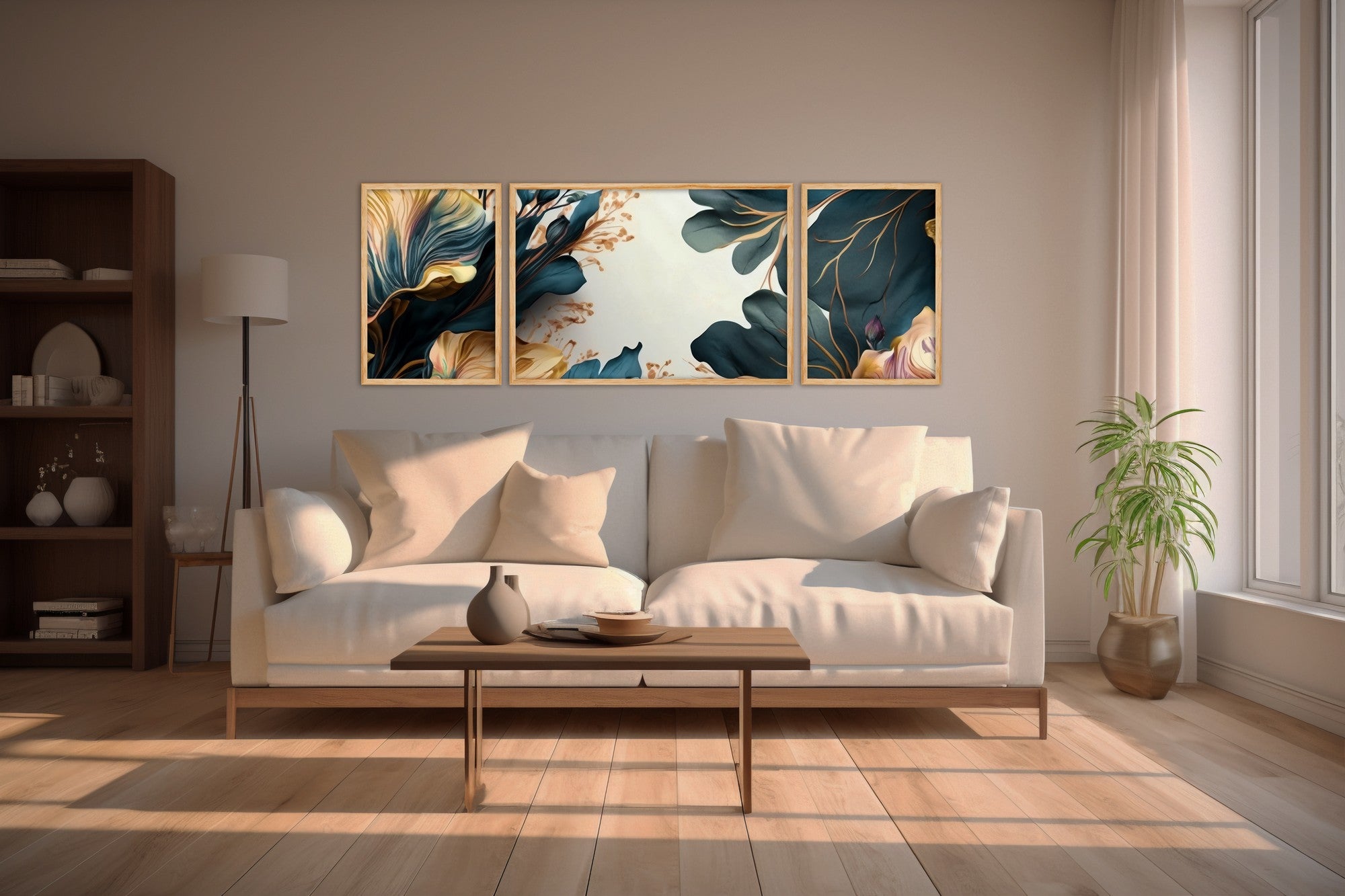 Quadro Decorativo MDF Emoldurado Multicolor Huhu310 - 3 Peças (50x140cm) - Moldura Madeira Maciça