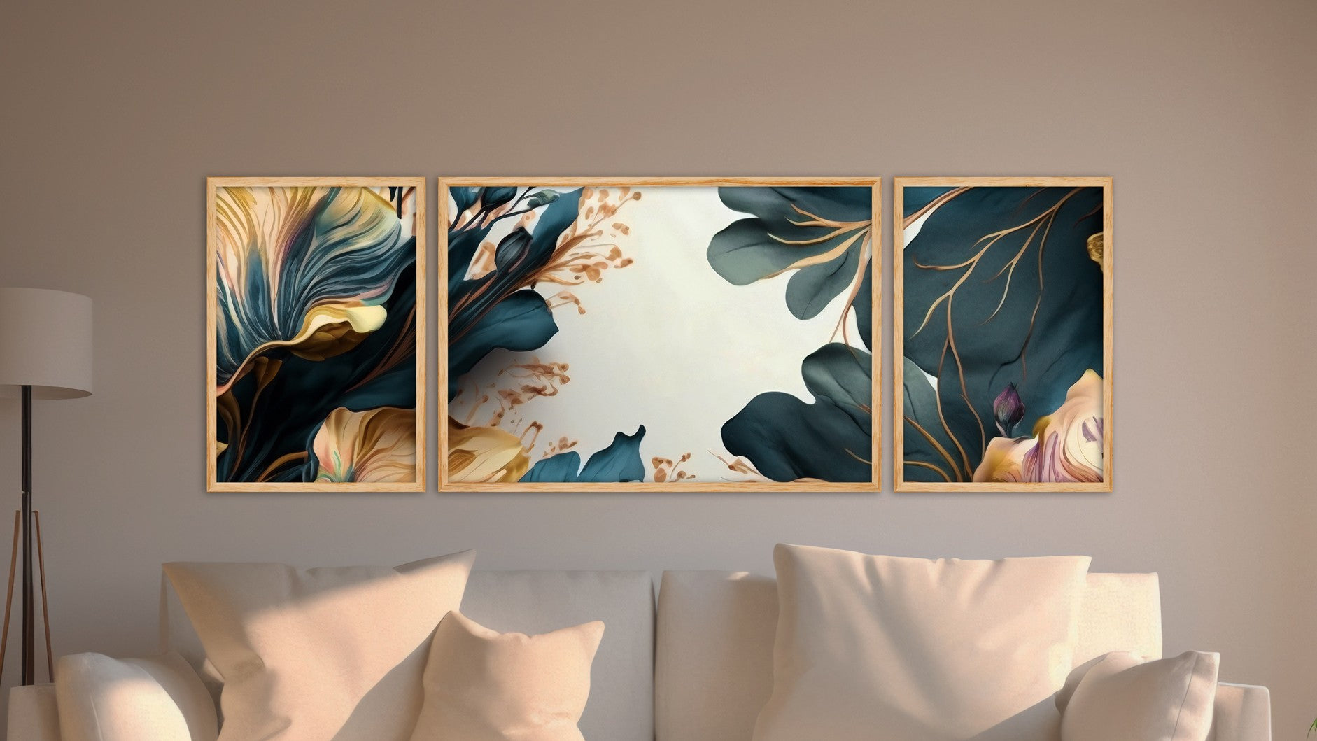 Quadro Decorativo MDF Emoldurado Multicolor Huhu310 - 3 Peças (50x140cm) - Moldura Madeira Maciça