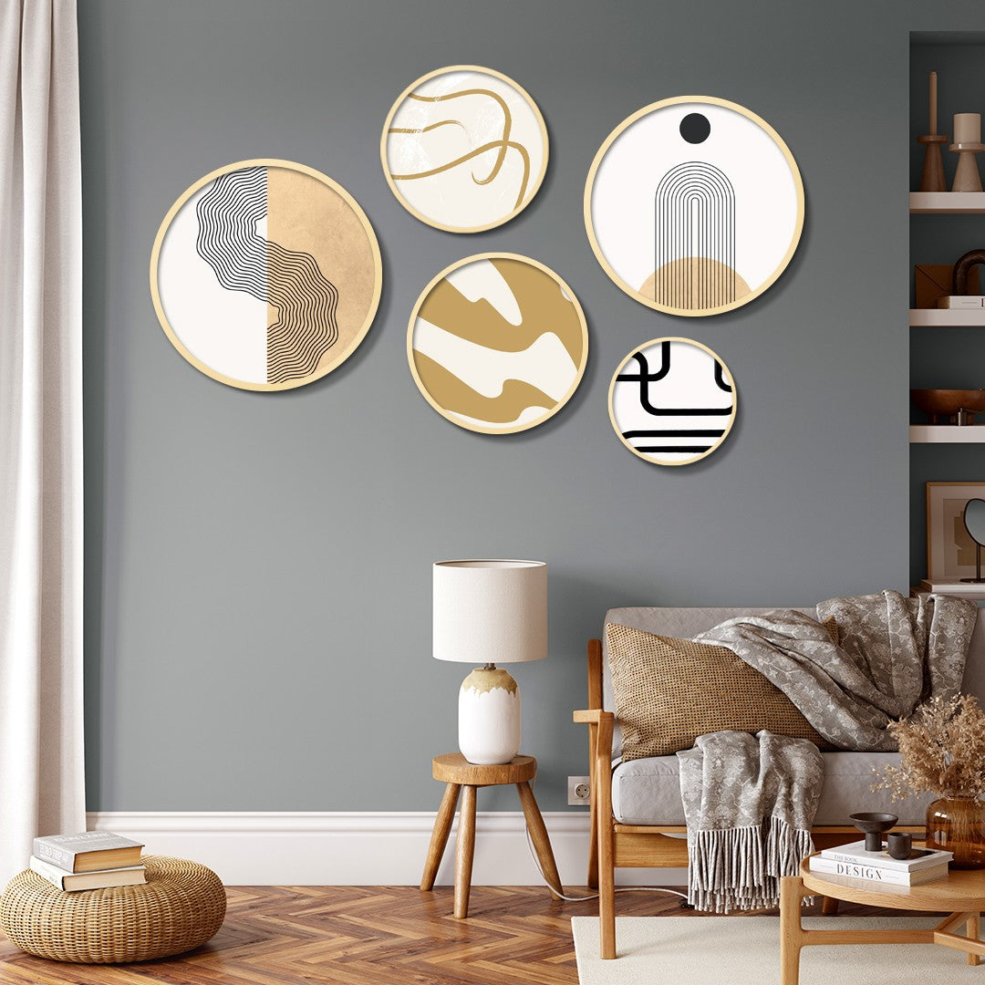 Conjunto Decorativo de 5 Quadros MDF Multicolor Yats-06 - Madeira Maciça com Moldura