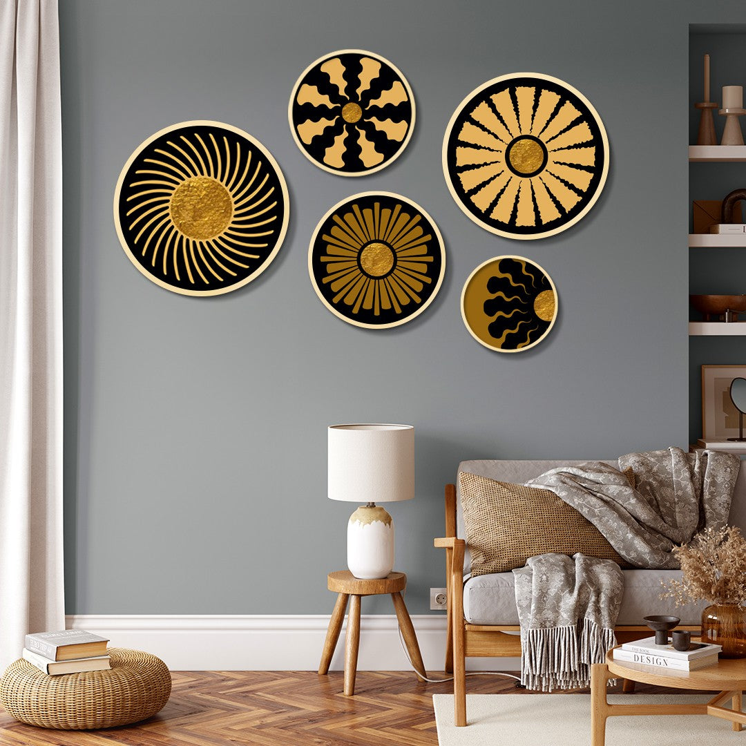 Conjunto Decorativo de 5 Quadros MDF Multicolor Yats-08 - Madeira Maciça com Moldura