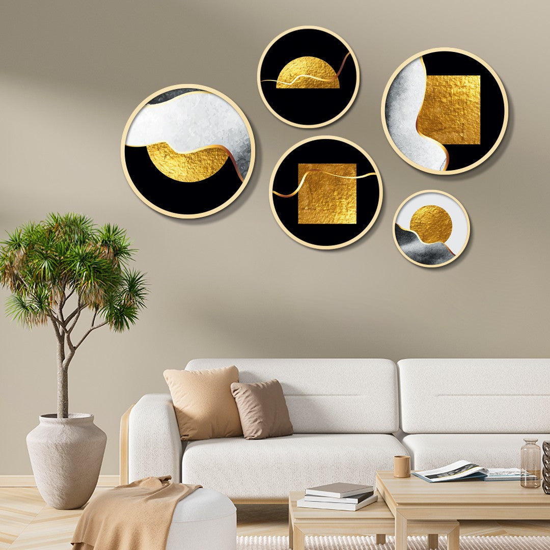 Conjunto Decorativo de 5 Quadros MDF Multicolor Yats-09 - Madeira Maciça com Moldura