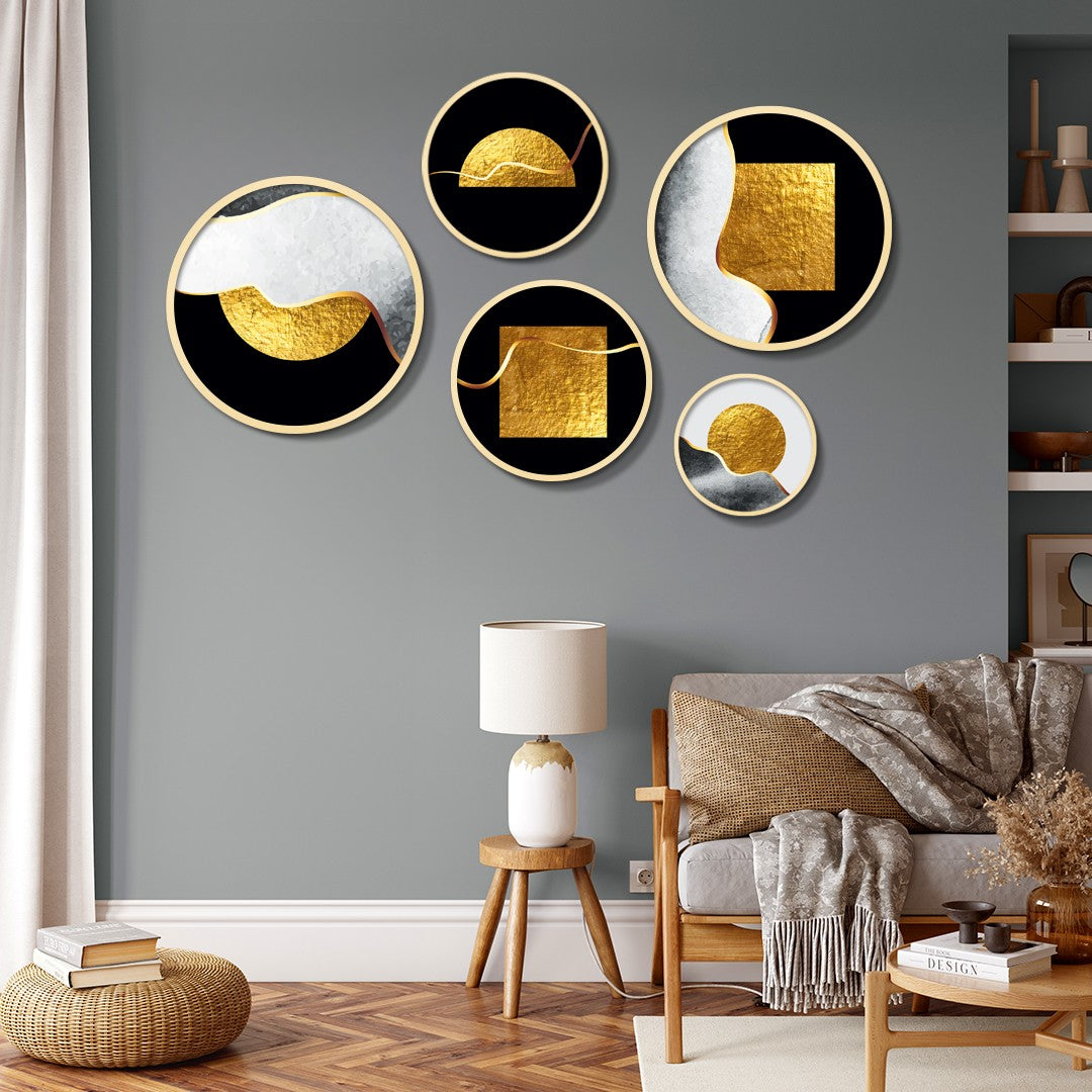 Conjunto Decorativo de 5 Quadros MDF Multicolor Yats-09 - Madeira Maciça com Moldura