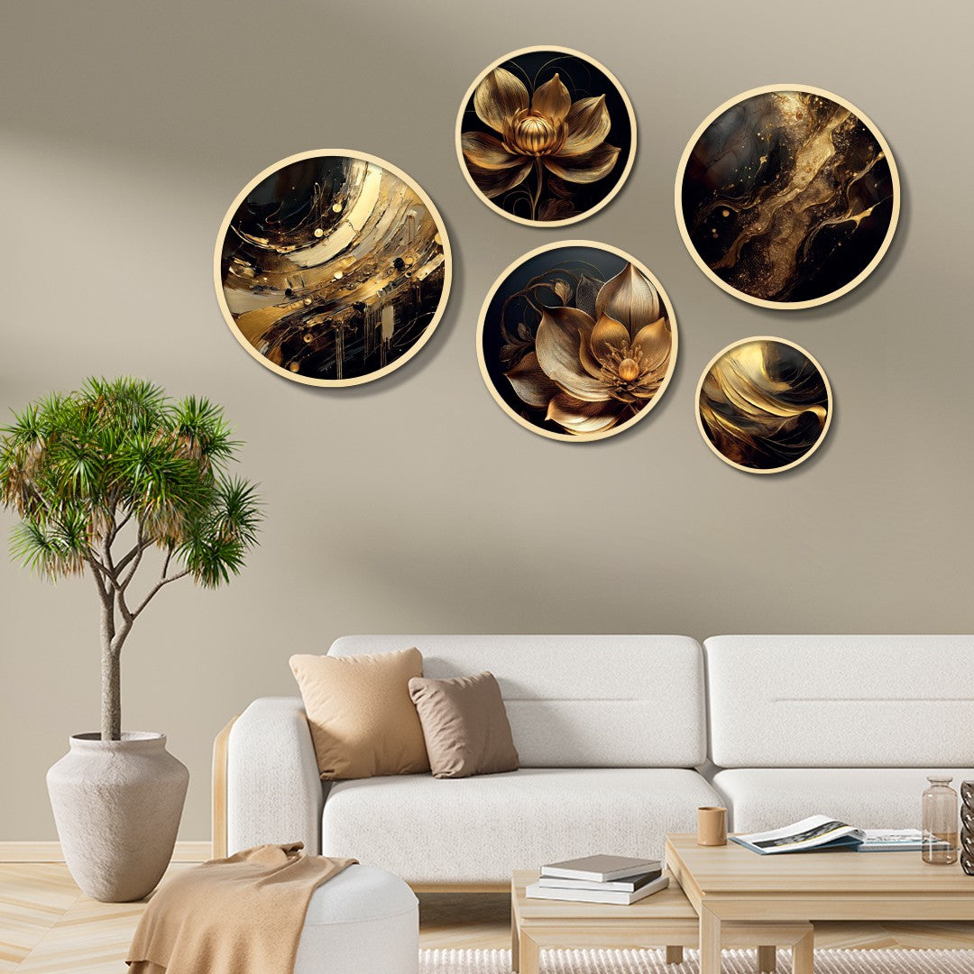 Yats-14 Conjunto de Quadros Decorativos em MDF com Moldura 100% Madeira Maciça (5 Peças), Multicolor — Espessura 1,5 cm