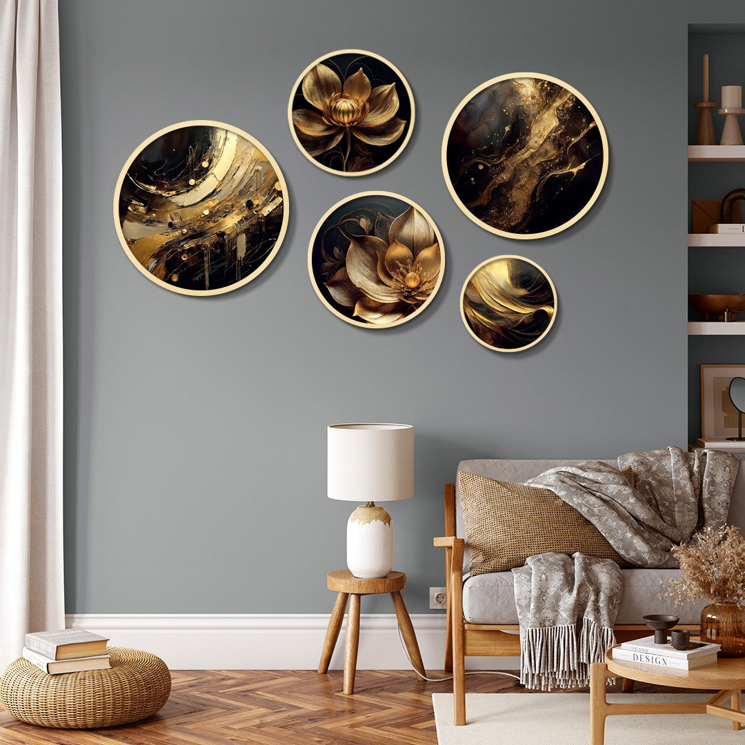 Yats-14 Conjunto de Quadros Decorativos em MDF com Moldura 100% Madeira Maciça (5 Peças), Multicolor — Espessura 1,5 cm