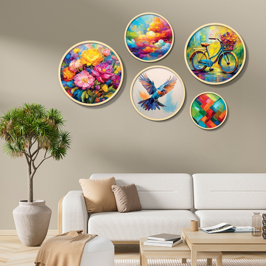 Yats-17 Conjunto de Quadros Decorativos em MDF com Moldura de Madeira Maciça, Multicolor (5 Peças) – Espessura 1,5 cm | 693BSE6117