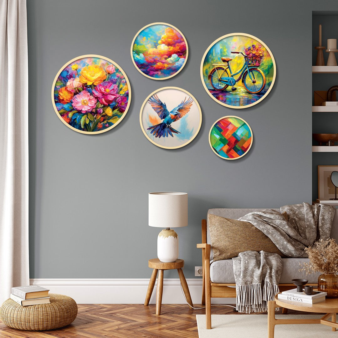 Yats-17 Conjunto de Quadros Decorativos em MDF com Moldura de Madeira Maciça, Multicolor (5 Peças) – Espessura 1,5 cm | 693BSE6117