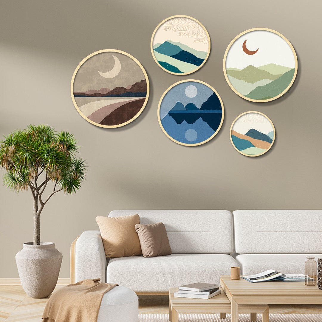 Conjunto Decorativo de 5 Quadros MDF Multicolor Yats-23 - Madeira Maciça com Moldura