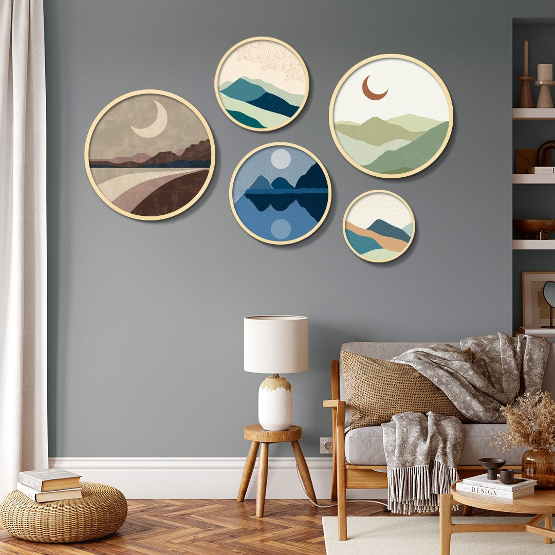 Conjunto Decorativo de 5 Quadros MDF Multicolor Yats-23 - Madeira Maciça com Moldura