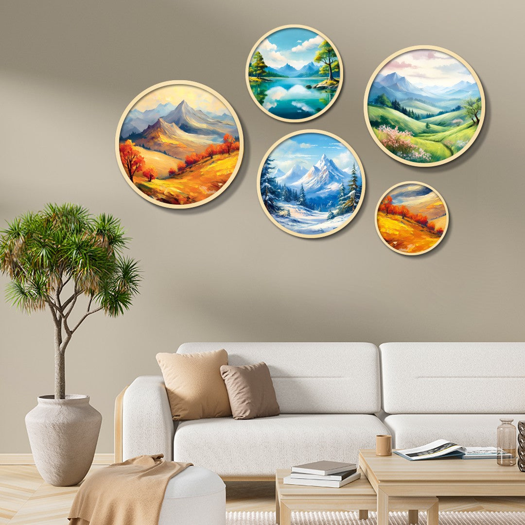 Quadro Decorativo em MDF com Moldura de Madeira Maciça (1,5 cm) – Conjunto de 5 Peças Multicolor – Yats-26 | 693BSE6126