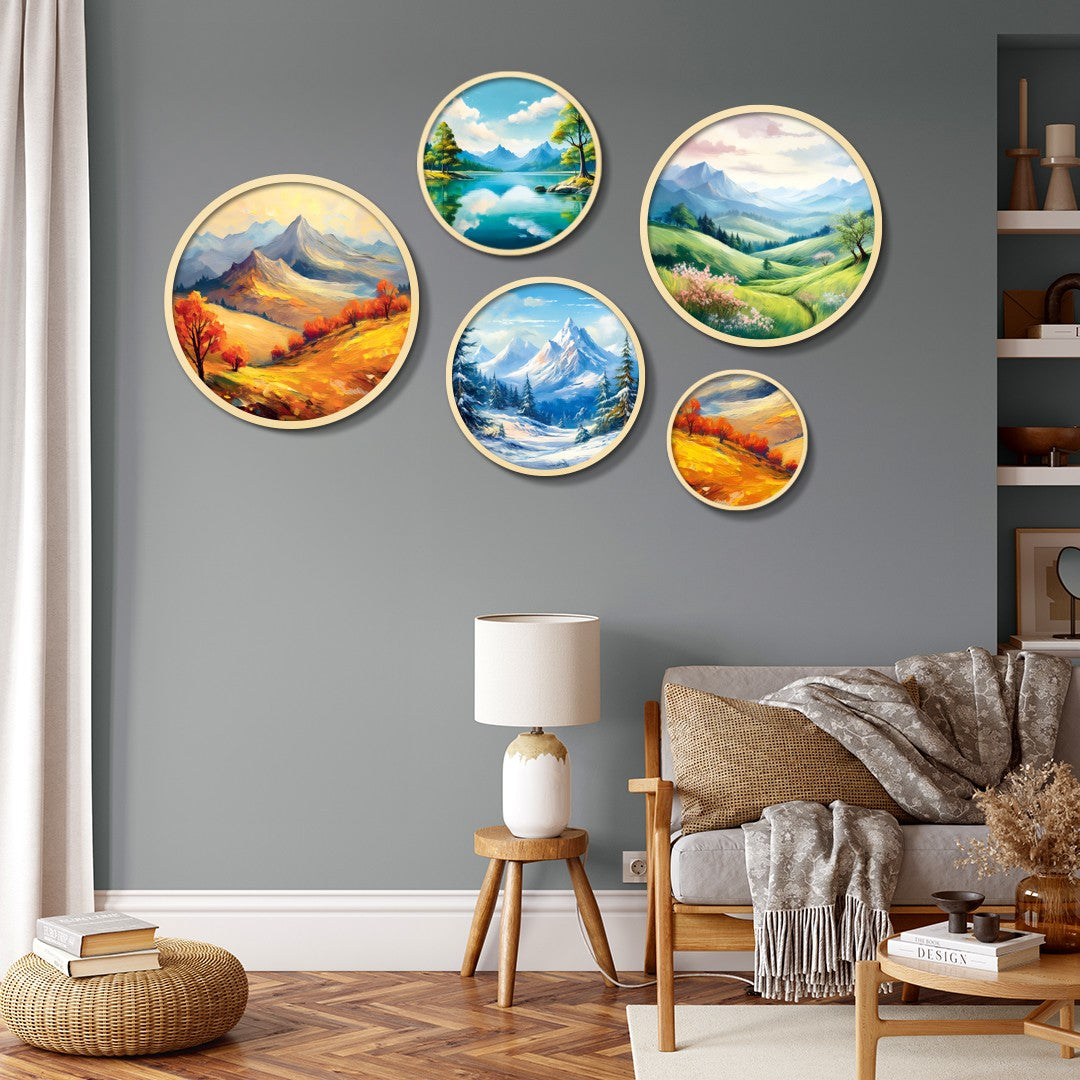 Quadro Decorativo em MDF com Moldura de Madeira Maciça (1,5 cm) – Conjunto de 5 Peças Multicolor – Yats-26 | 693BSE6126